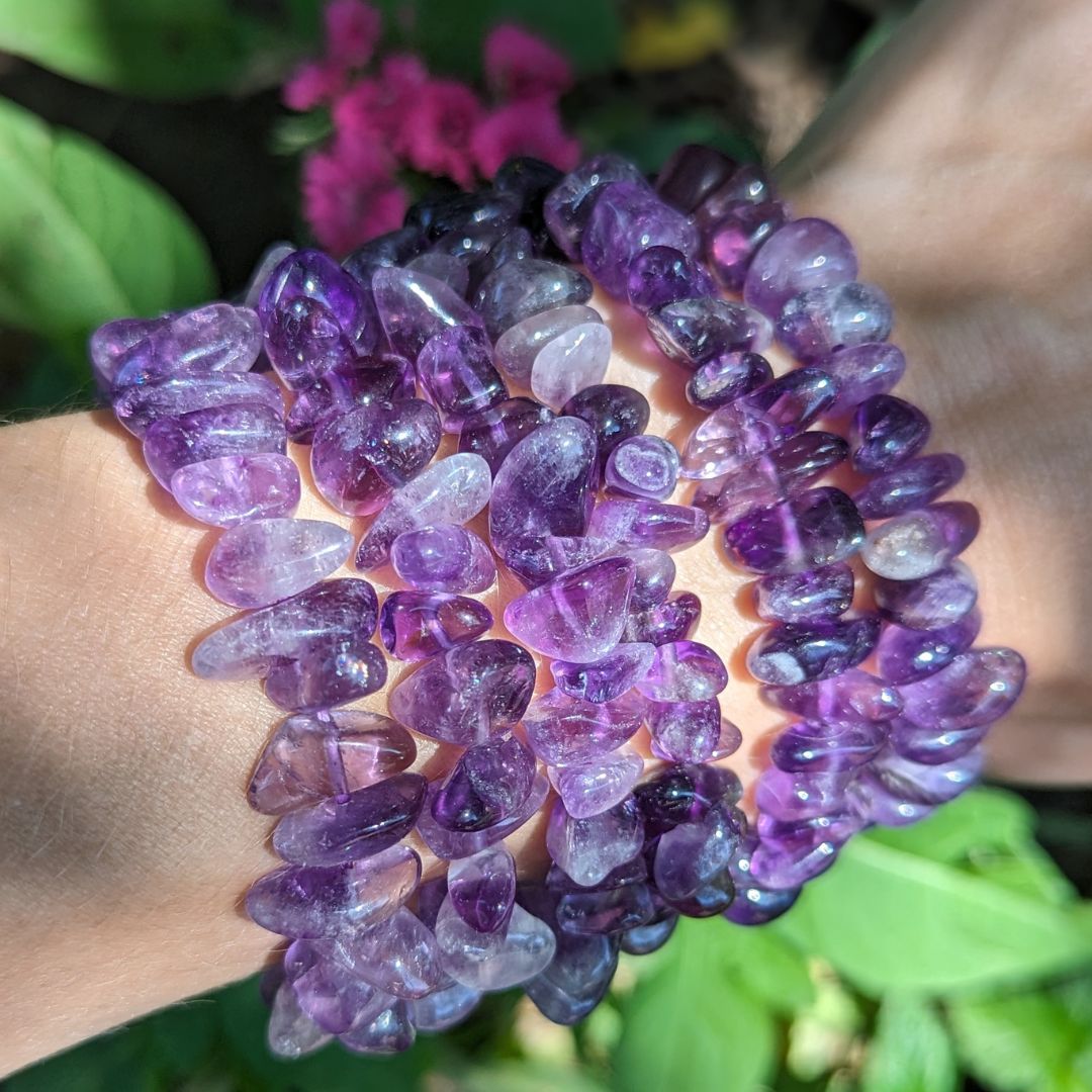 Purple Amethyst Tumbled Chip Beaded Bracelet on Stretch Cord - Earth Family Crystals