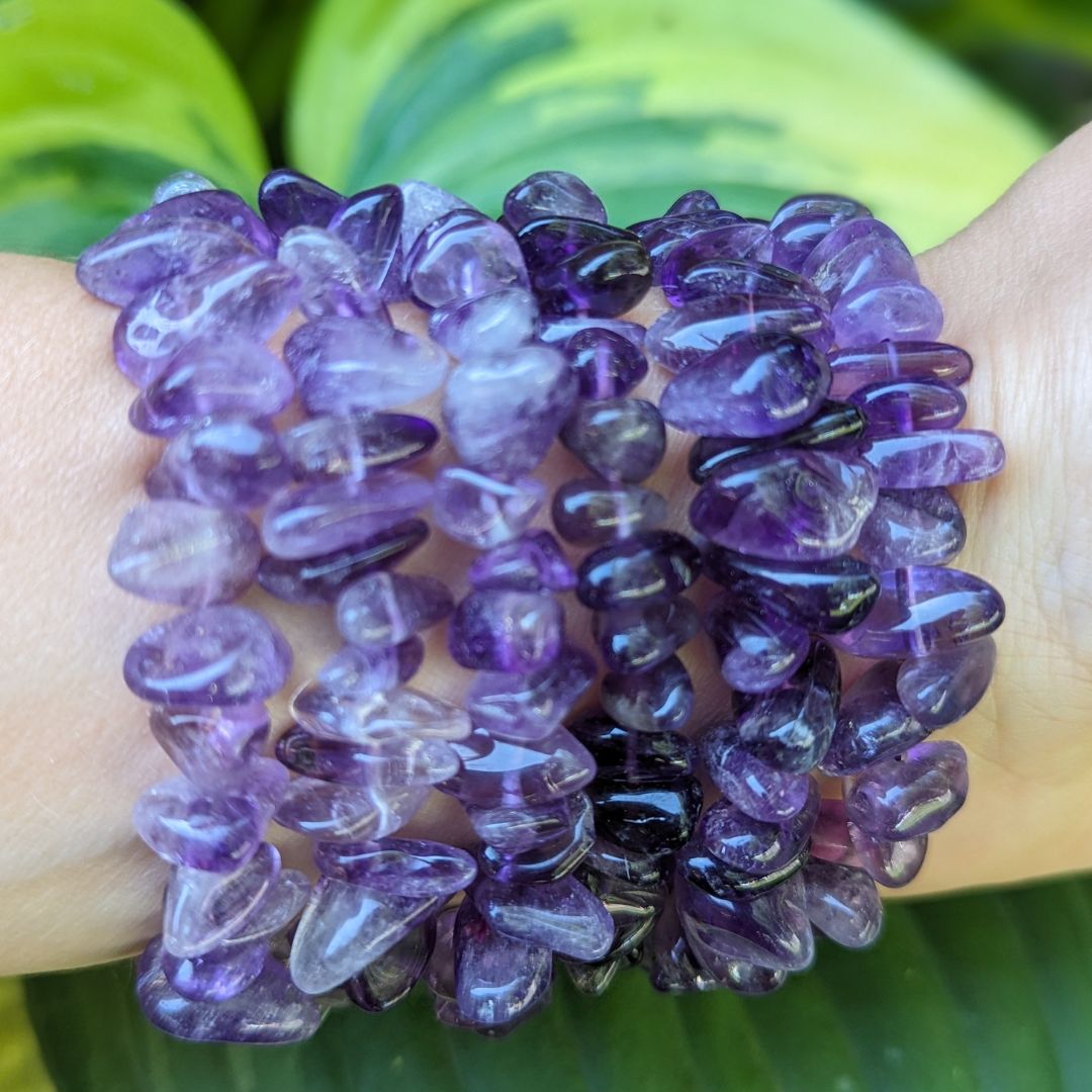 Purple Amethyst Tumbled Chip Beaded Bracelet on Stretch Cord - Earth Family Crystals