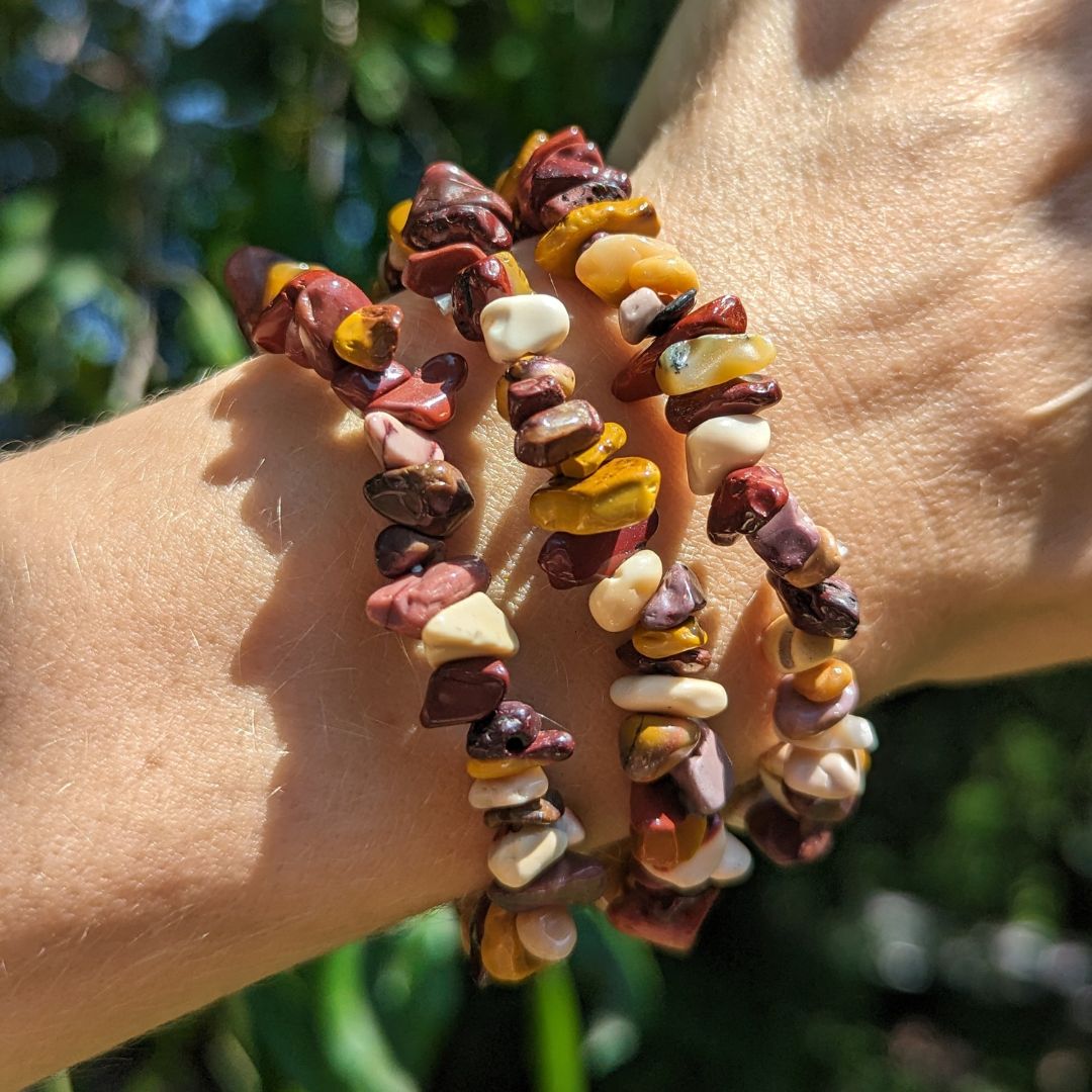 Red, Yellow and White Mookaite Jasper Nugget Chip Bracelet with Grounding CHI Energies - Earth Family Crystals