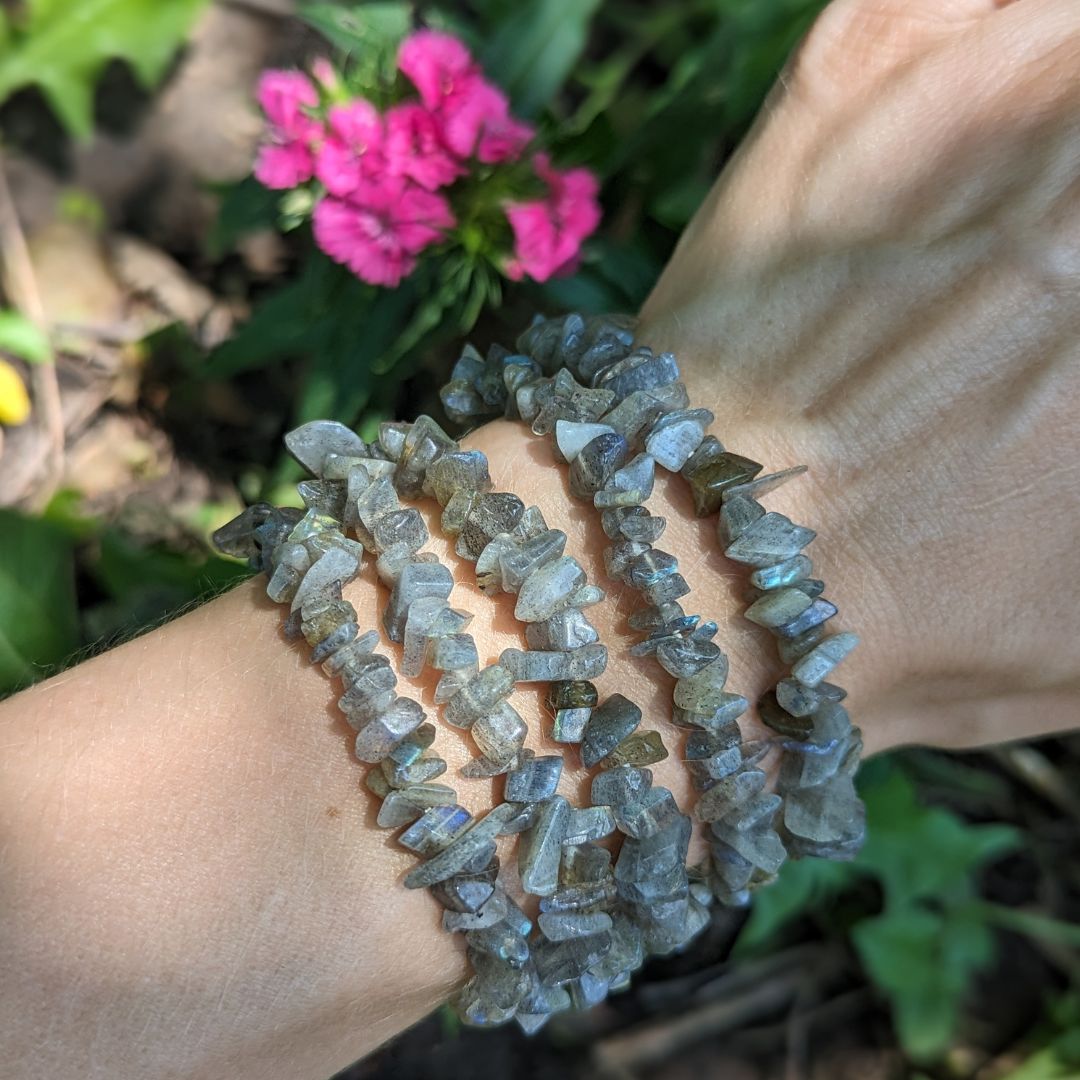 Flashy Labradorite Chip Beaded Gemstone Bracelet on Stretchy Cord - Earth Family Crystals