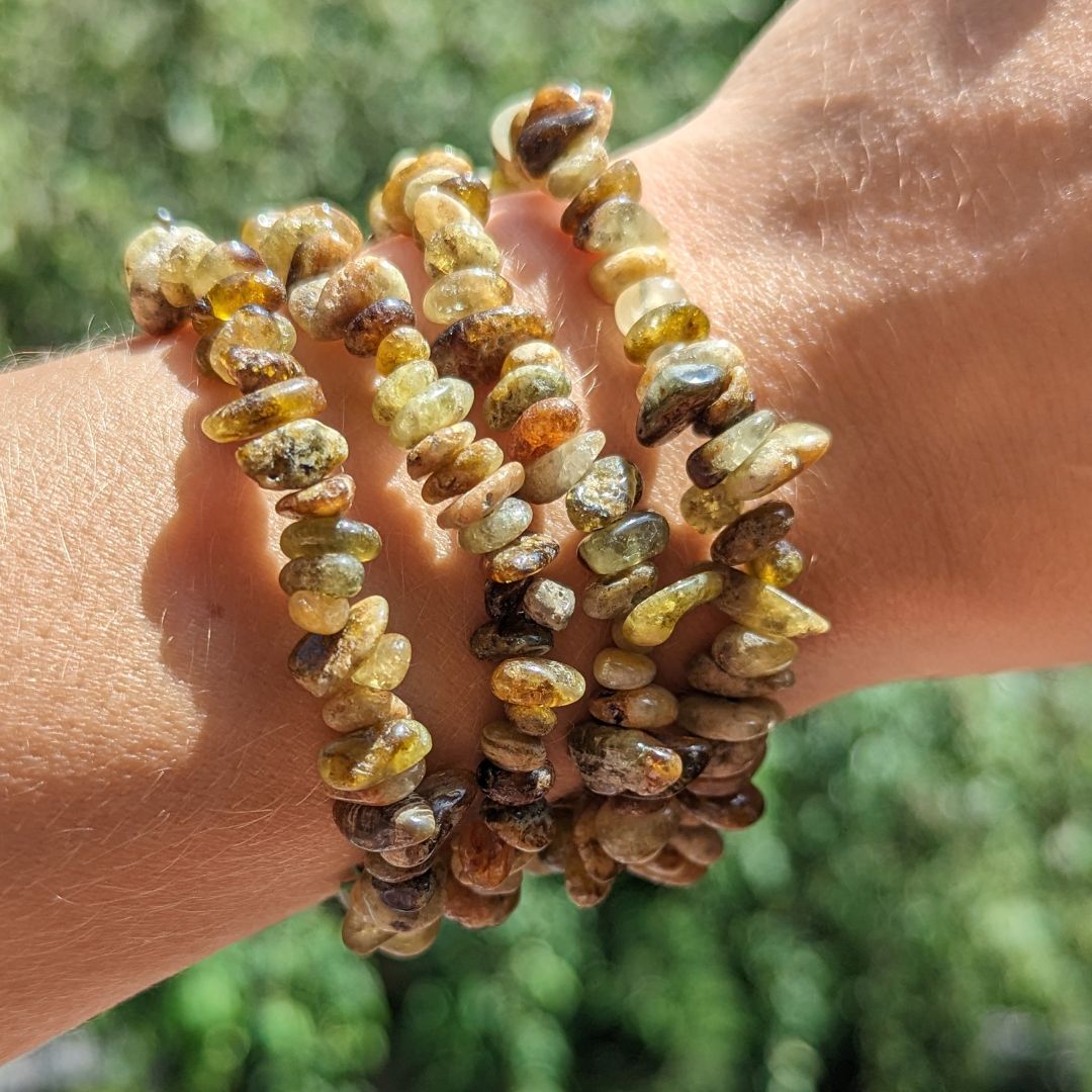 Green Garnet Tumbled Chip Gemstone Bracelet on Stretch Cord - Earth Family Crystals