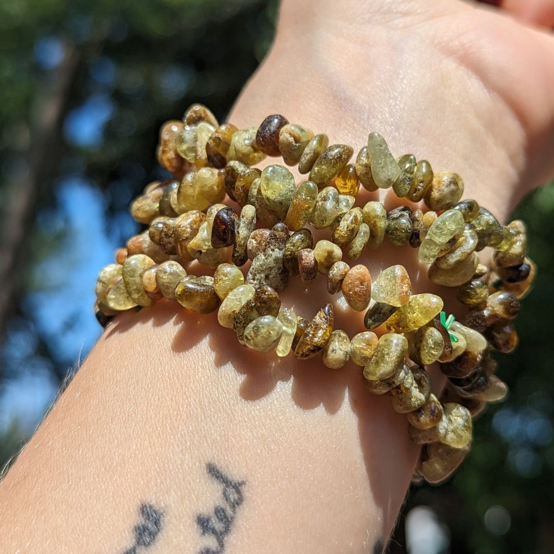 Green Garnet Tumbled Chip Gemstone Bracelet on Stretch Cord - Earth Family Crystals