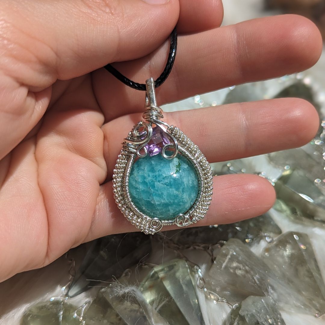 Aqua Blue Amazonite Wire Wrapped Gemstone Pendant with Gemmy Amethyst Accents ~ Made in the USA
