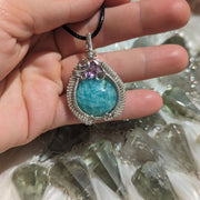 Aqua Blue Amazonite Wire Wrapped Gemstone Pendant with Gemmy Amethyst Accents ~ Made in the USA