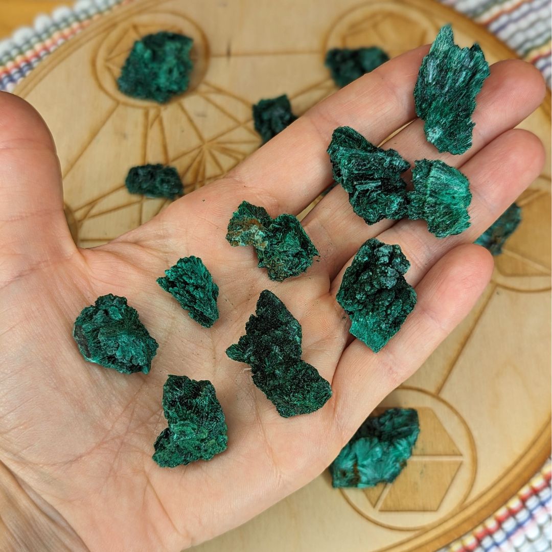 Shimmering Fibrous Green Malachite Fan Cluster Specimens ~ Set of 7 ~ Perfect for Crystal Grids!