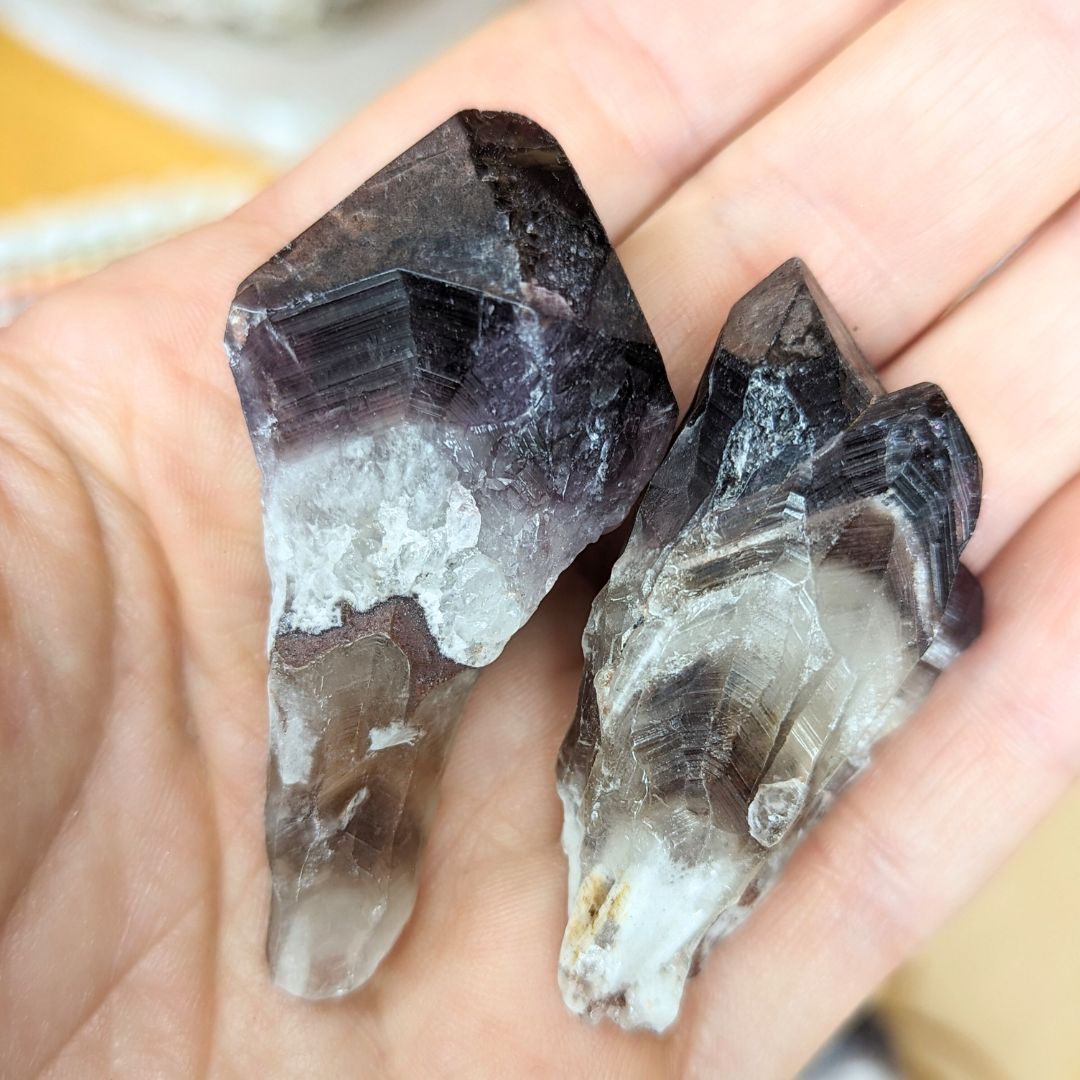 Set of Two~ Amazing Chevron Amethyst Small Root Crystals with Smoky Quartz from Brazil