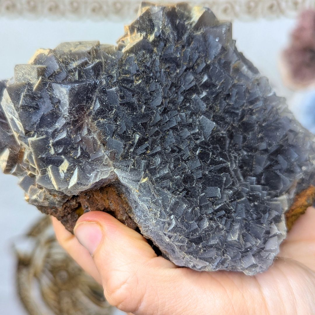 Natural Cubic Deep Blue and Purple Fluorite Specimen with Hematite Inclusions