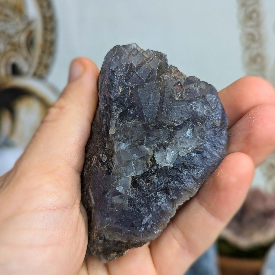 Natural Cubical Deep Blue and Purple Fluorite Handheld Specimen