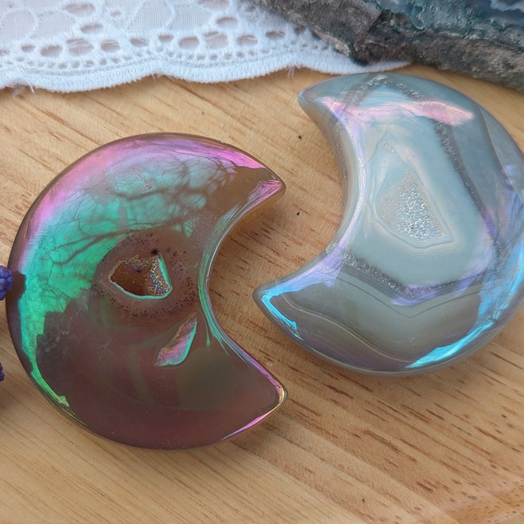Angel Aura Druzy Agate Crescent Moon Carvings~ Adorable, Uplifting Palm Size Crystal Carvings - Earth Family Crystals