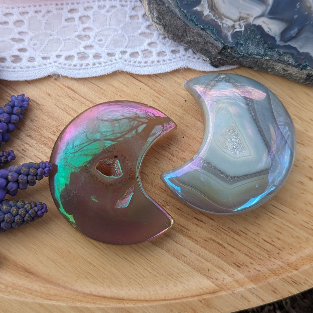Angel Aura Druzy Agate Crescent Moon Carvings~ Adorable, Uplifting Palm Size Crystal Carvings - Earth Family Crystals
