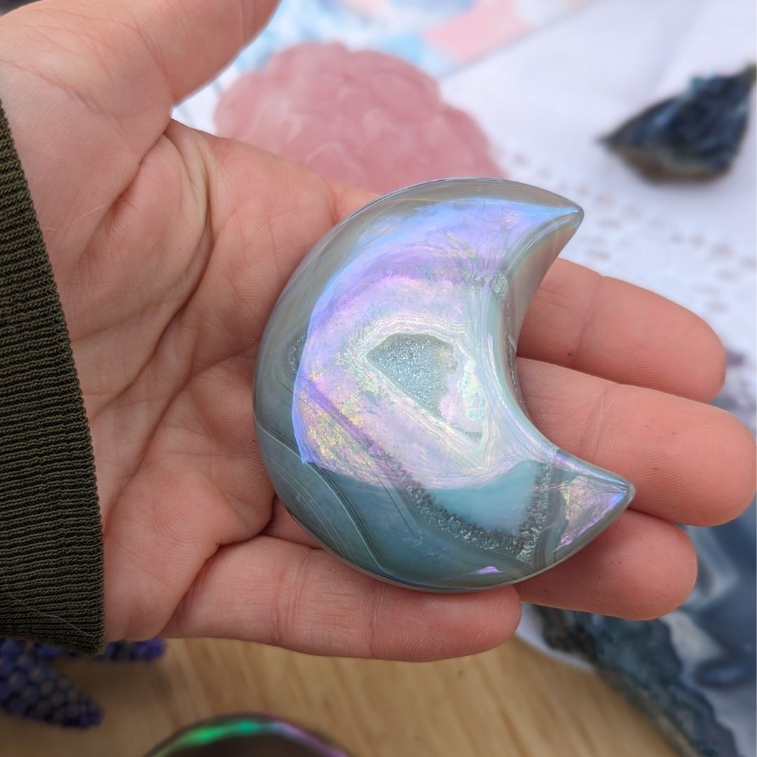 Angel Aura Druzy Agate Crescent Moon Carvings~ Adorable, Uplifting Palm Size Crystal Carvings - Earth Family Crystals