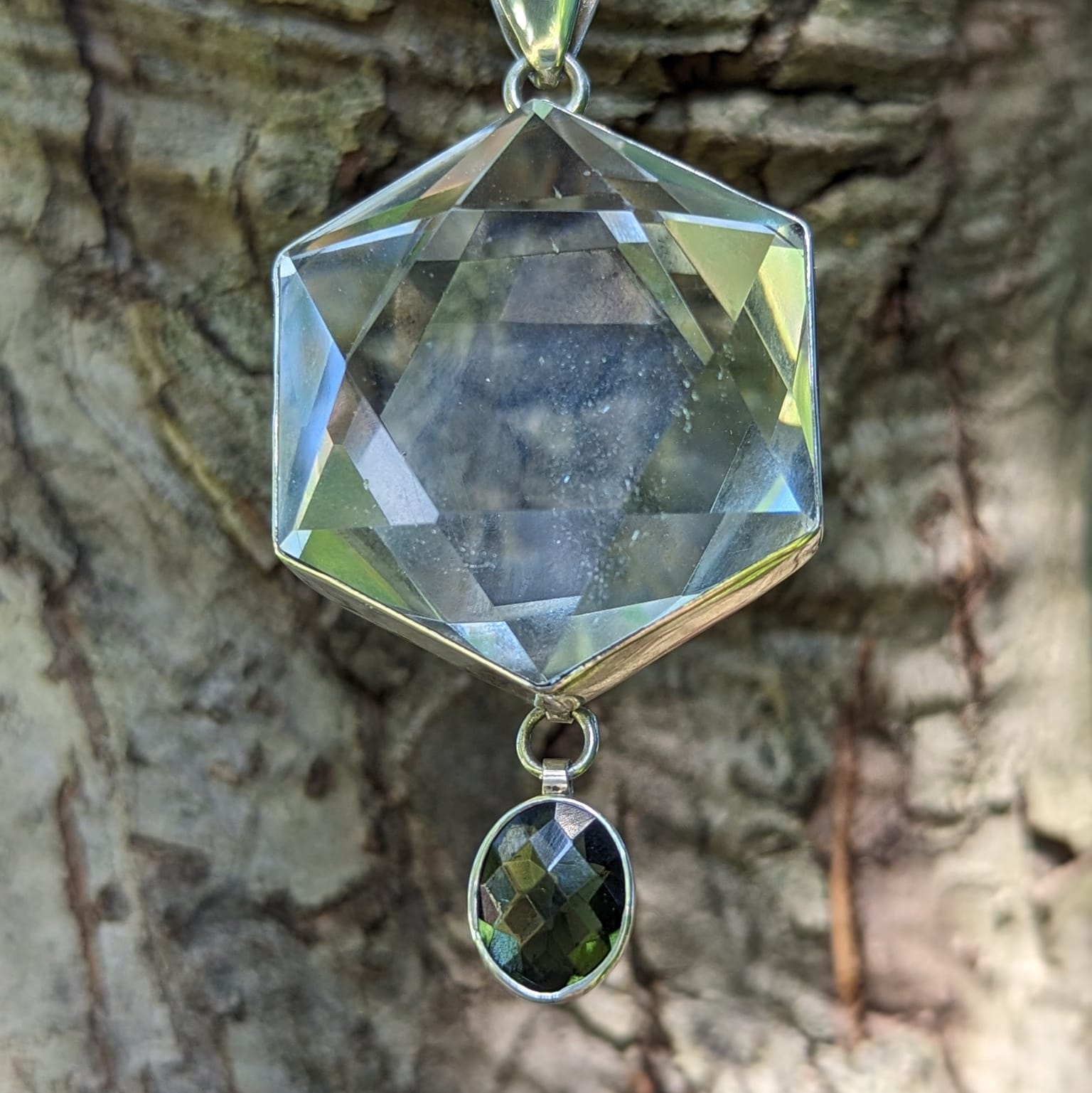 Gorgeous Faceted Moldavite ~ Galactic Energy Tektite with Star Quartz Designer Cut Goddess Pendant ~ Major Crown Chakra and Heart Chakra Opening~ Amplify Your Spiritual Evolution - Earth Family Crystals