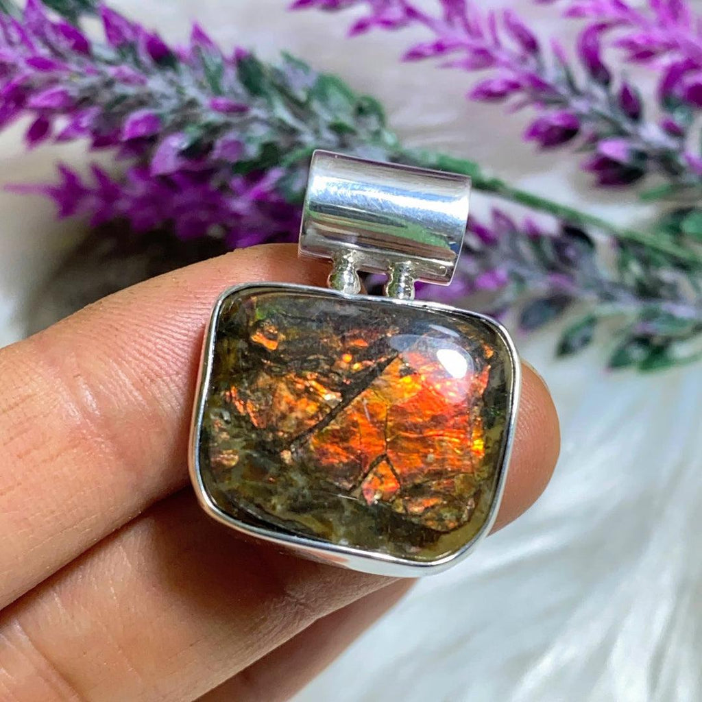 Fiery Red Flashes Ammolite Pendant in Sterling Silver (Includes Silver Chain) - Earth Family Crystals