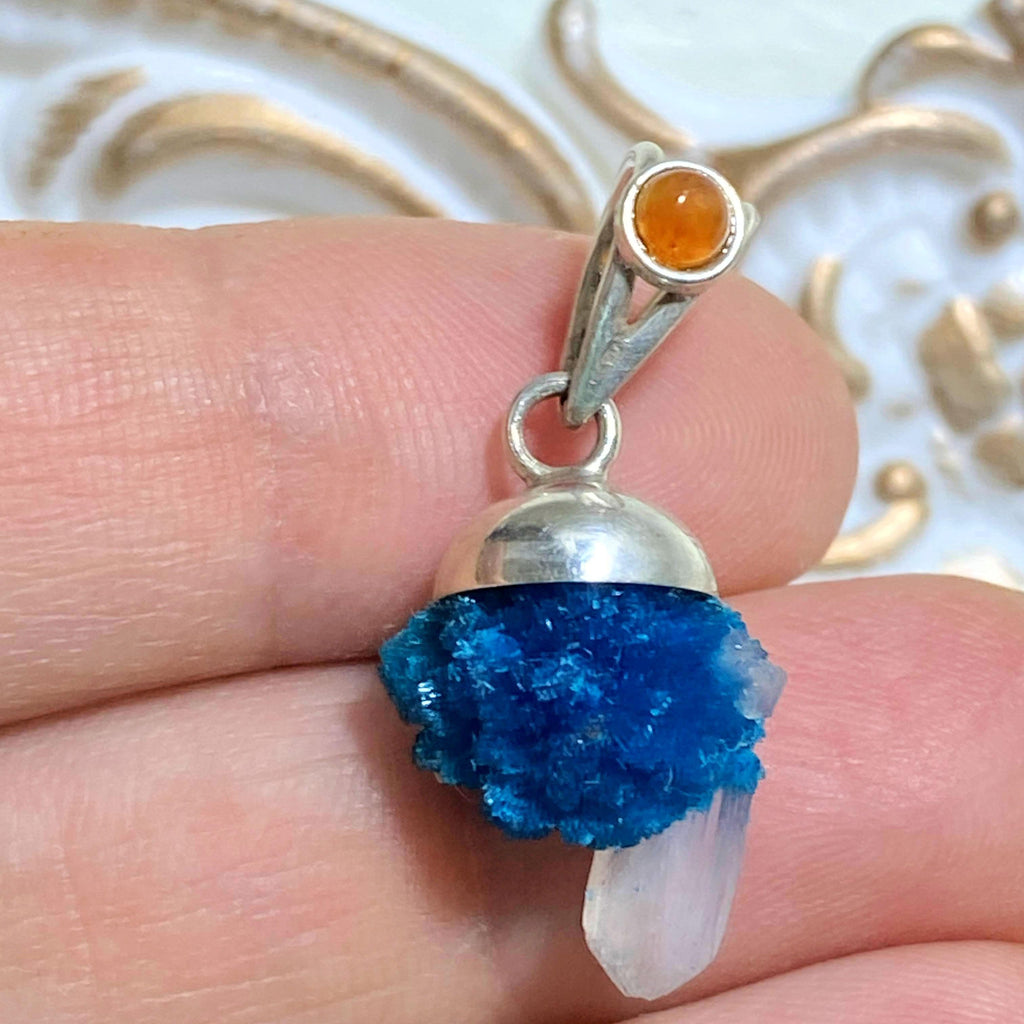 Cavansite & Stilbite Dainty Pendant With Carnelian Accent Stone in Sterling Silver (Includes Silver Chain) #1 - Earth Family Crystals