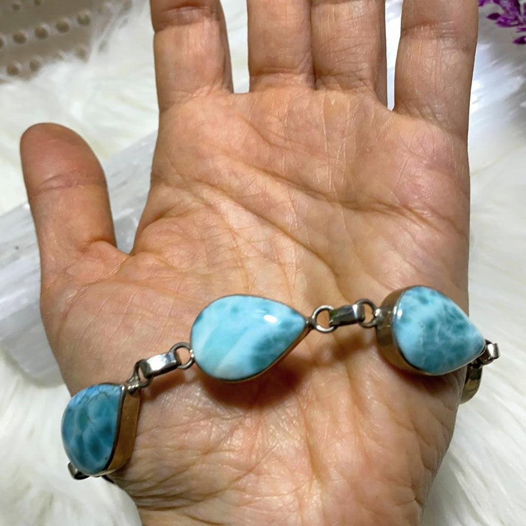 High Grade Genuine Blue Larimar Sterling Silver Large Size Statement Bracelet - Earth Family Crystals