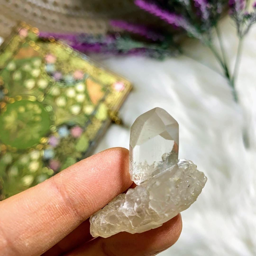Terminated Clear Topaz Natural Specimen Nestled on Elestial Quartz Matrix - Earth Family Crystals