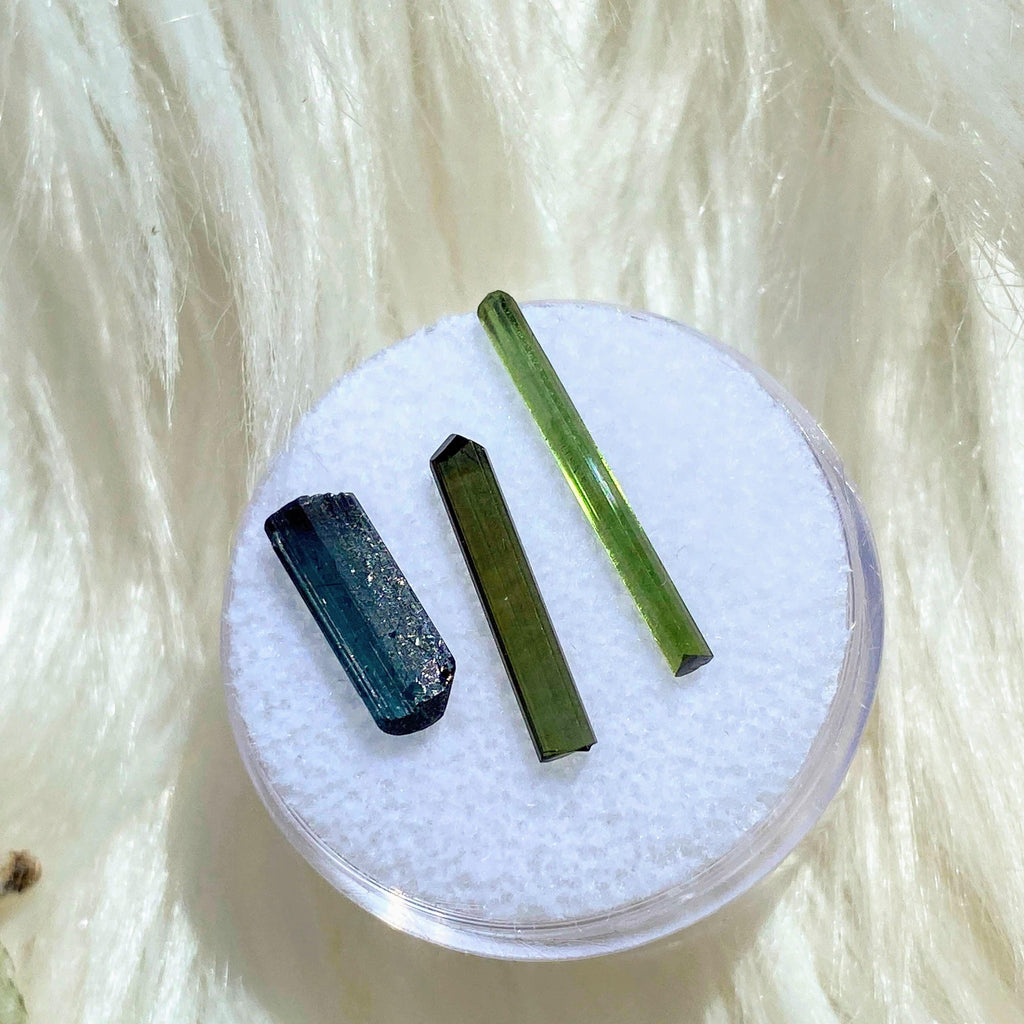 Rare 2.5CT Blue Indicolite Tourmaline & Green Tourmaline Points In Collectors Box - Earth Family Crystals