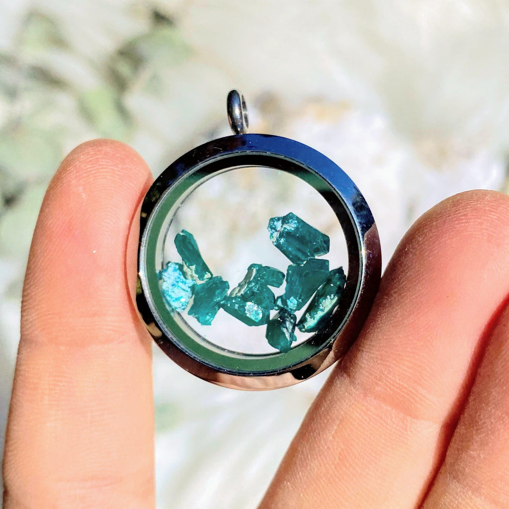 One Dioptase Floating Crystals in Stainless steel/Glass Locket pendant (Includes Silver Chain) - Earth Family Crystals