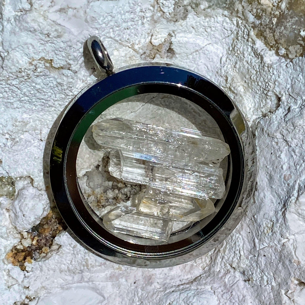 Danburite Floating Crystals in Stainless steel/Glass Locket pendant (Includes Silver Chain) - Earth Family Crystals