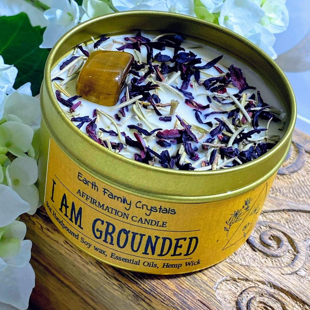 "I Am Grounded" Intention Soy Aromatherapy Candle in 8oz Gold Tin - Earth Family Crystals