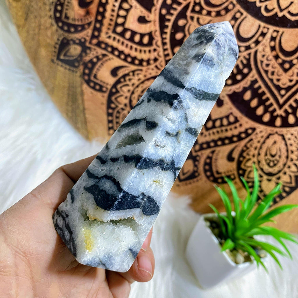 Gorgeous Druzy Cave Geode Zebra Agate Standing Obelisk Carving - Earth Family Crystals