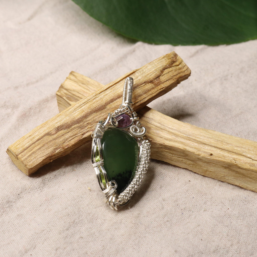 Wire Wrapped Serpentine Pendant with Amethyst and Peridot Accents ~ Includes Silver Chain - Earth Family Crystals