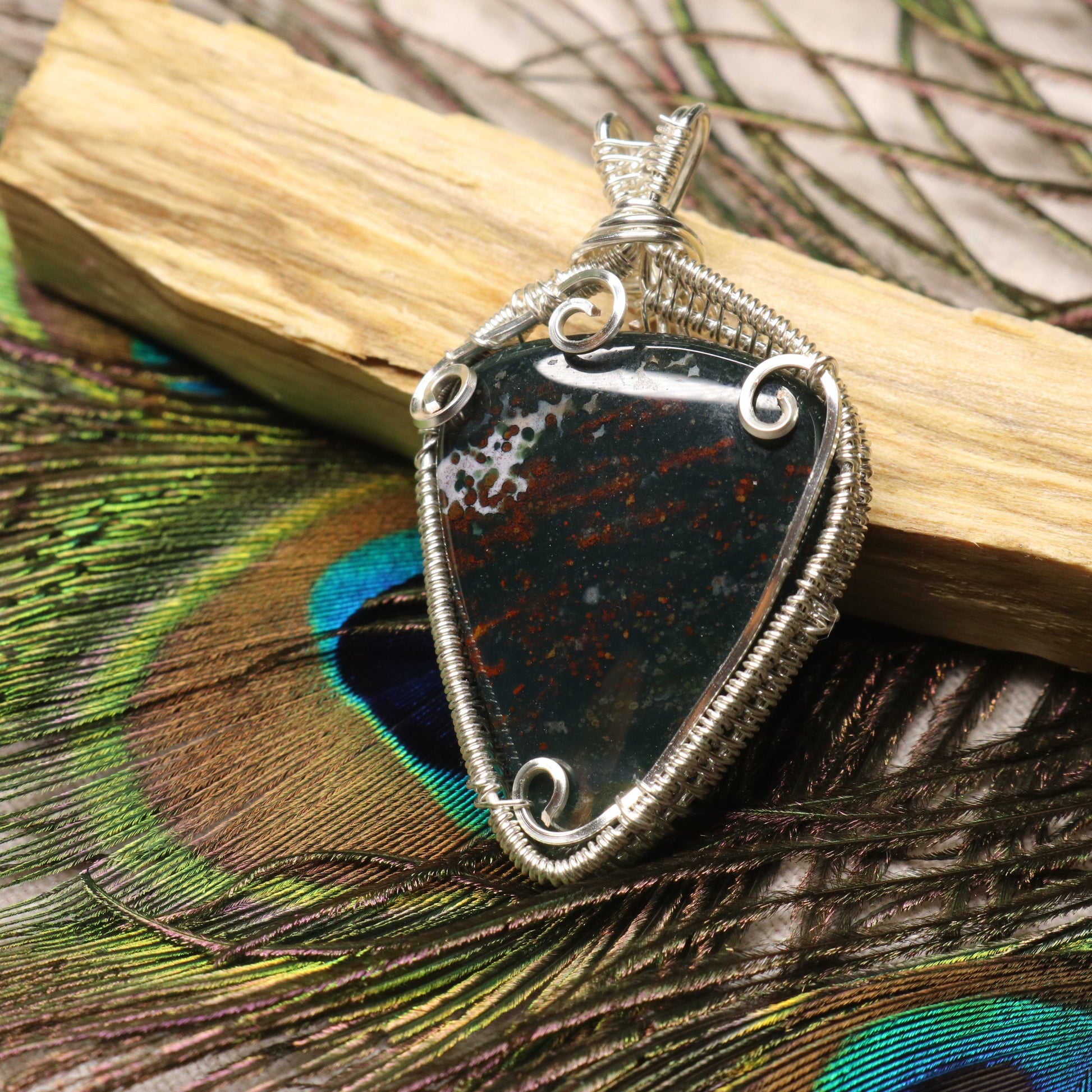 Handmade Wire Wrapped Bloodstone Pendant ~ Includes Silver Chain - Earth Family Crystals