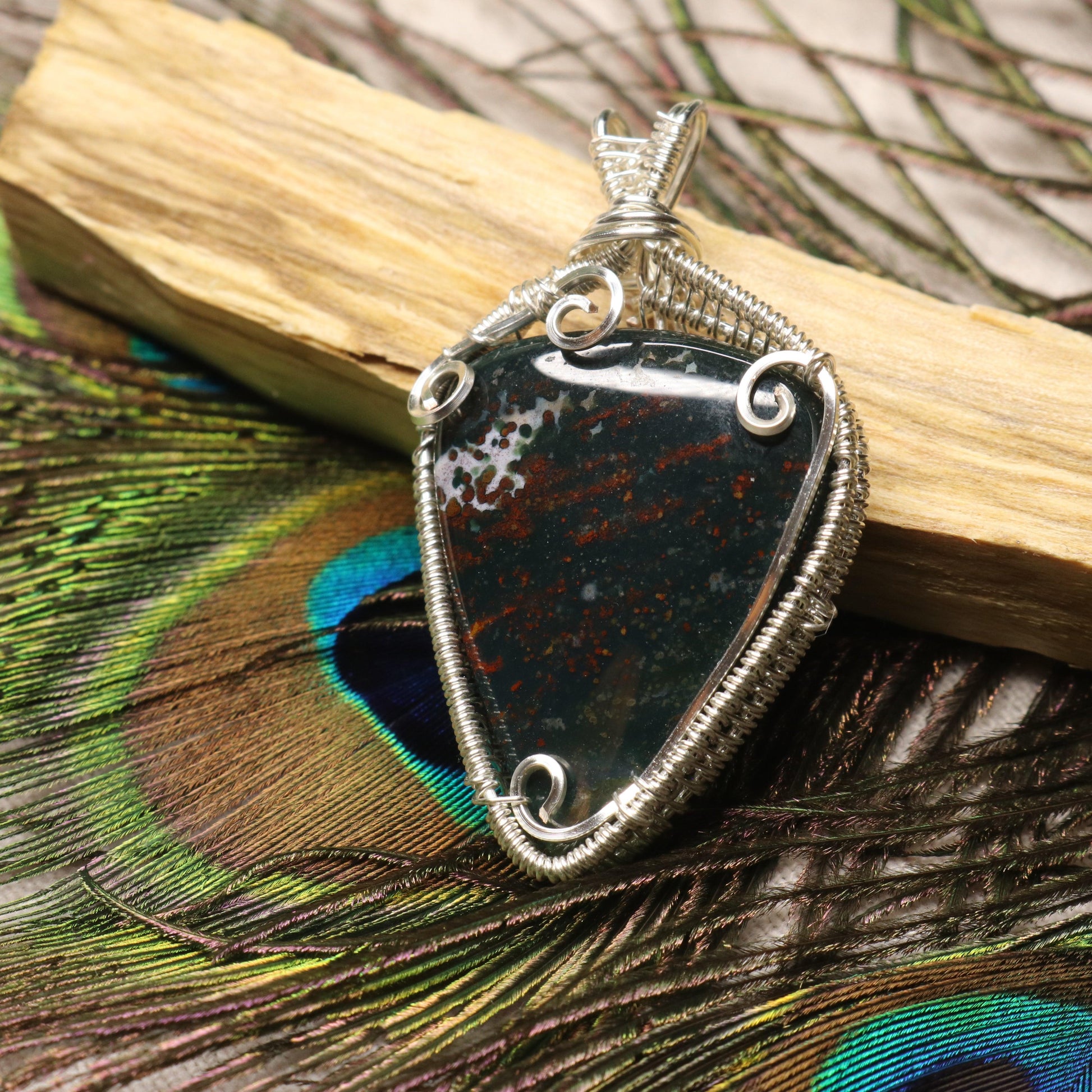 Handmade Wire Wrapped Bloodstone Pendant ~ Includes Silver Chain - Earth Family Crystals