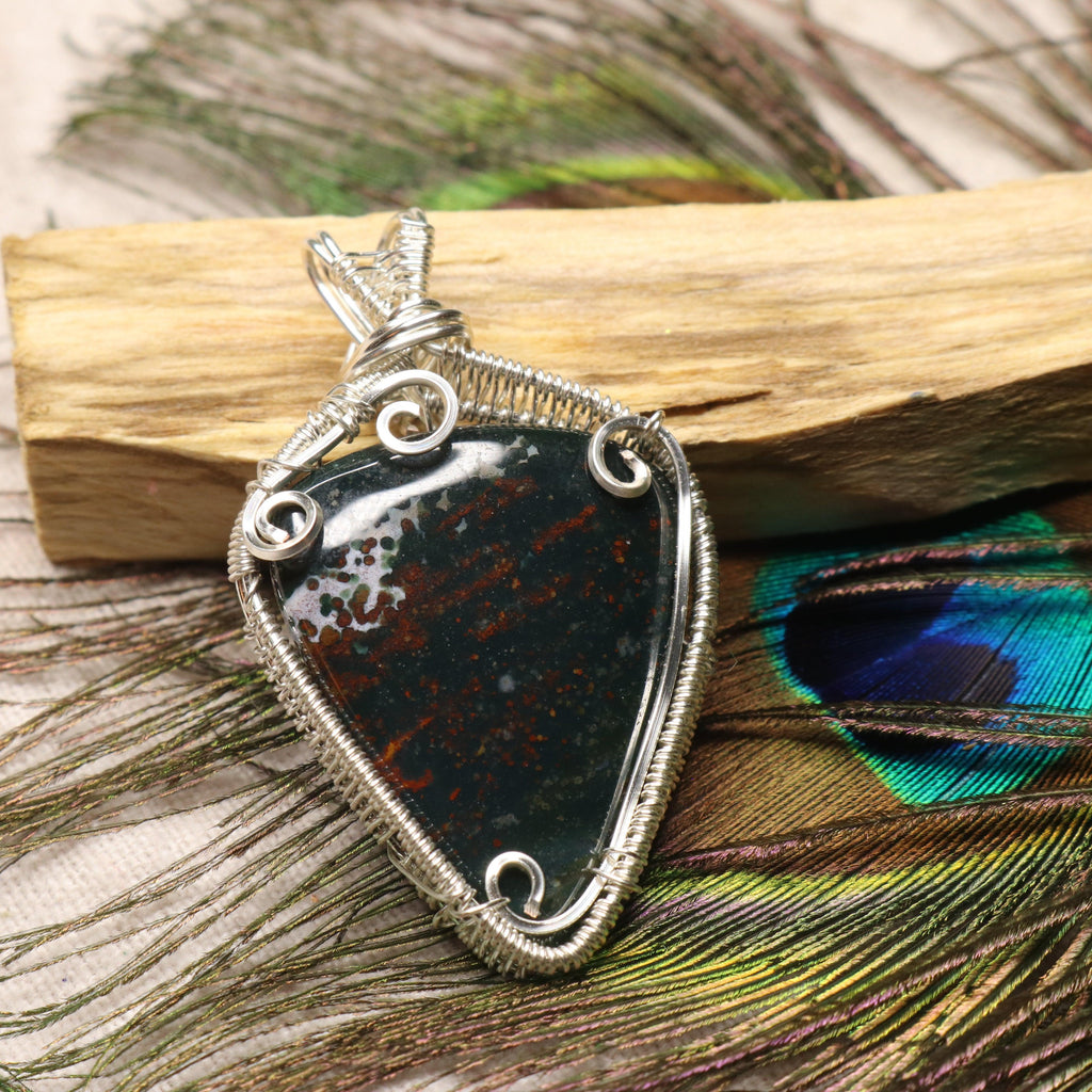Handmade Wire Wrapped Bloodstone Pendant ~ Includes Silver Chain - Earth Family Crystals