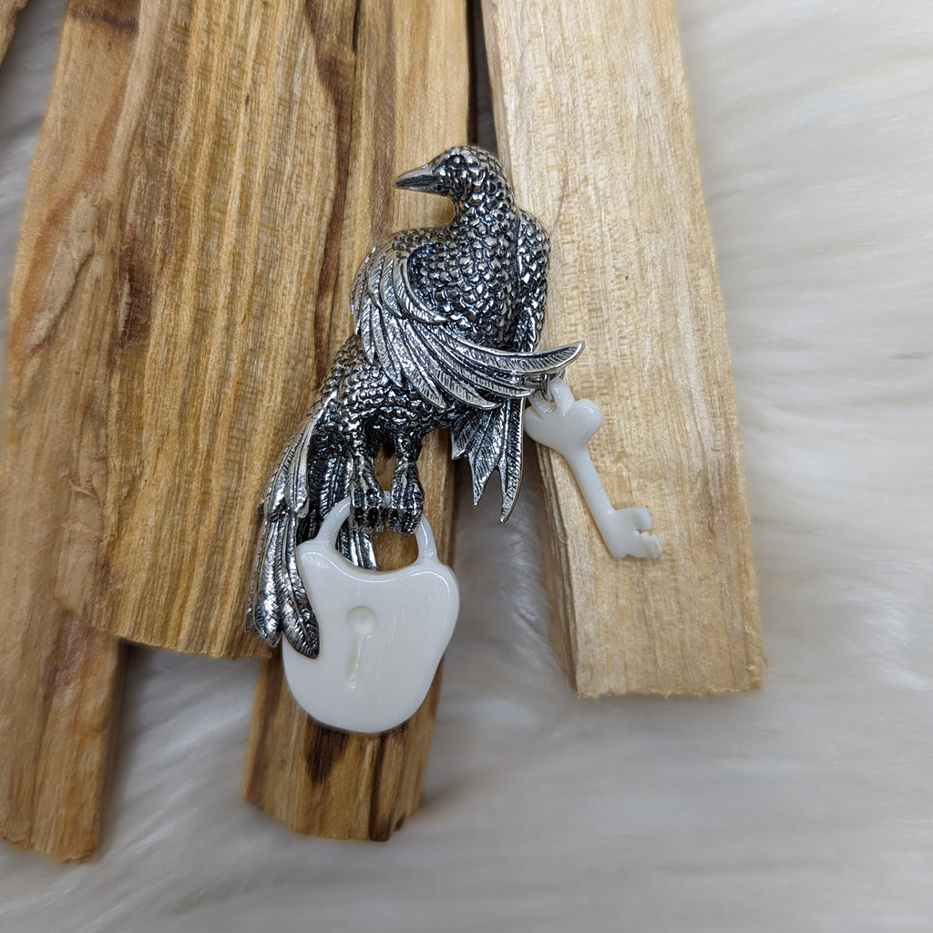 Sterling Silver Raven with Bone Carving Lock & Key Pendant ~ Includes Silver Chain - Earth Family Crystals