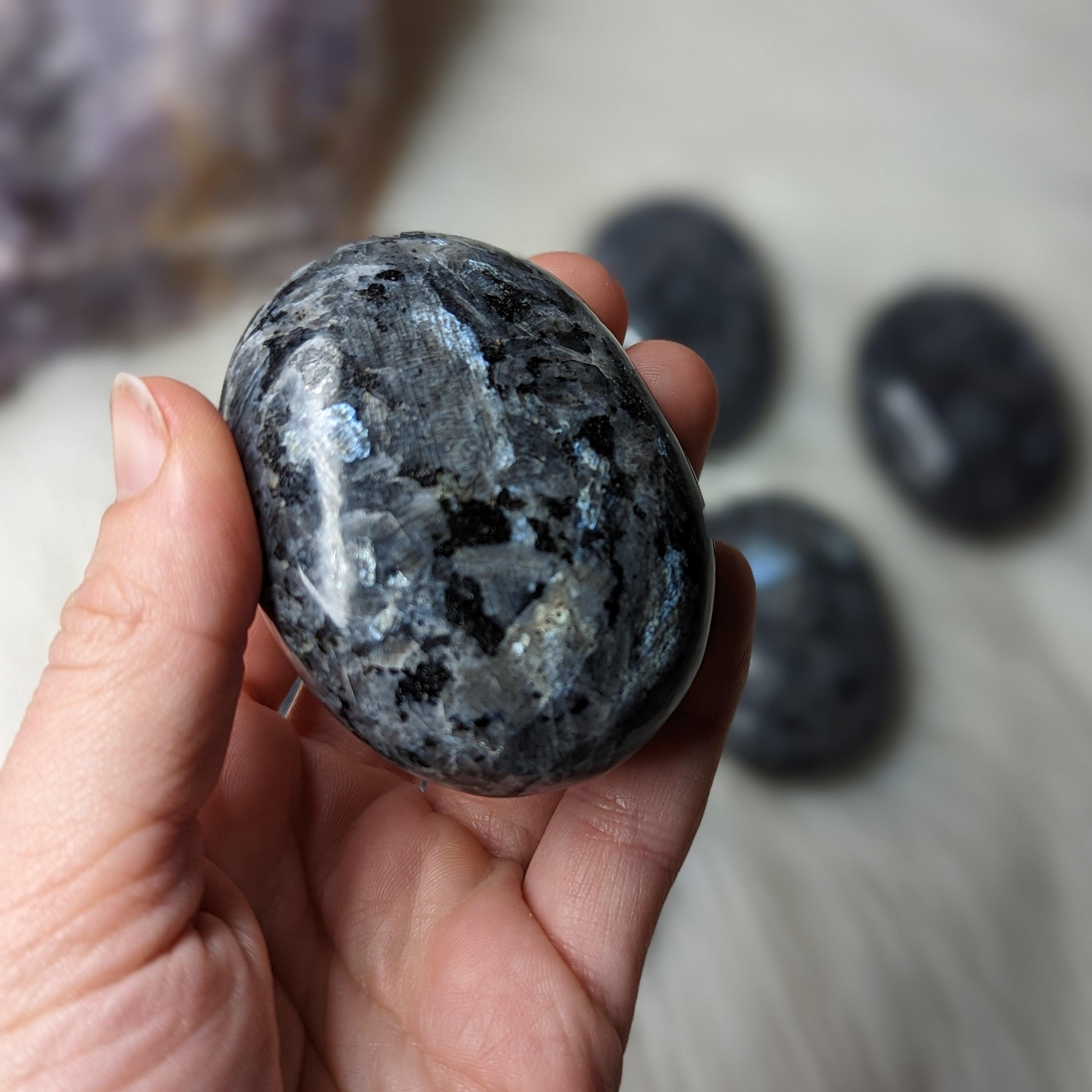 Amazing Flash~ Larvakite Pillow Palm Stone Carving ~Access Higher Realms with Protective Energy~ - Earth Family Crystals