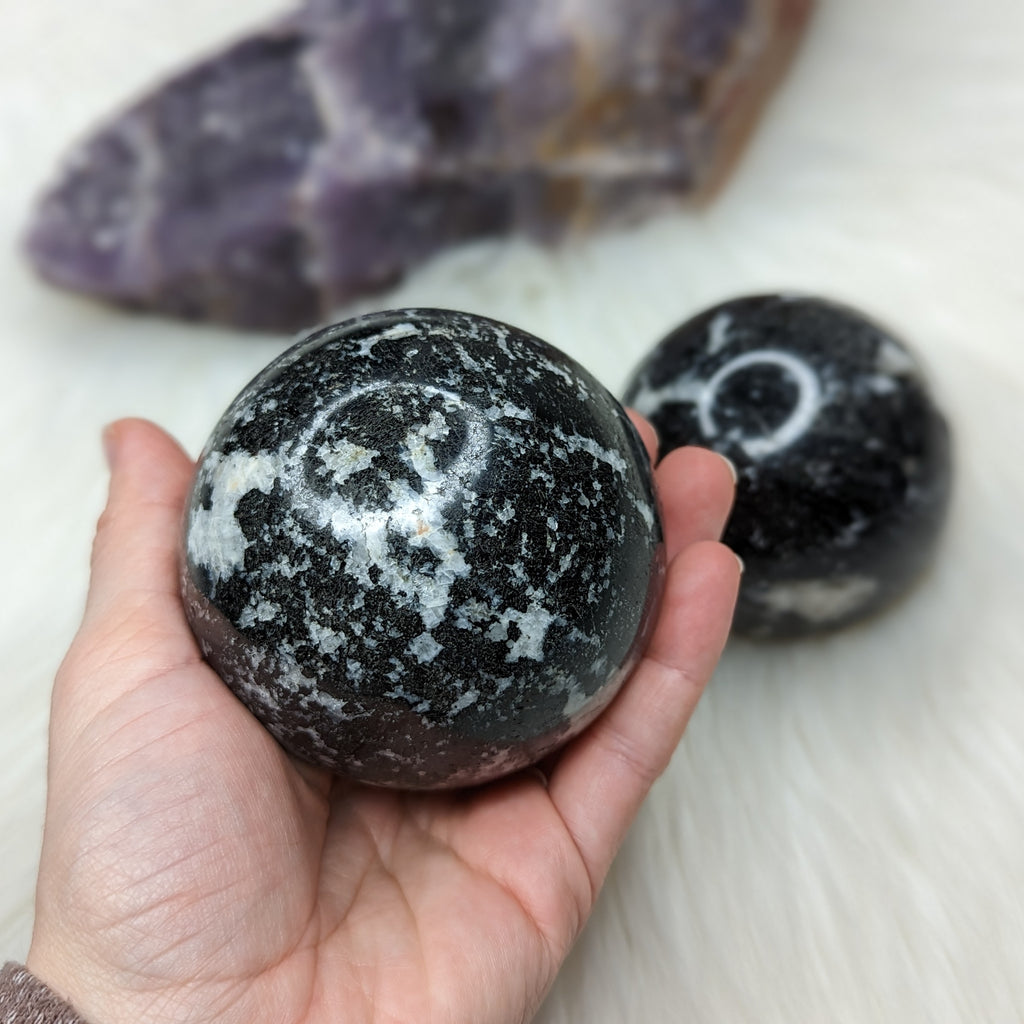 Black Tourmaline with Quartz Sphere Carving ~ Large - Earth Family Crystals
