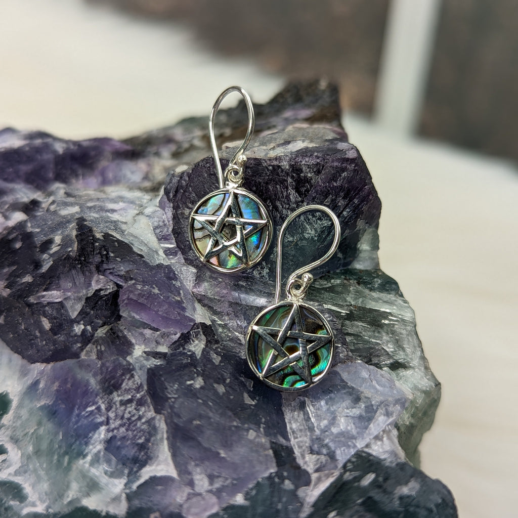 Natural Abalone Shell ~ Pentagram Design Sterling Silver Earrings - Earth Family Crystals