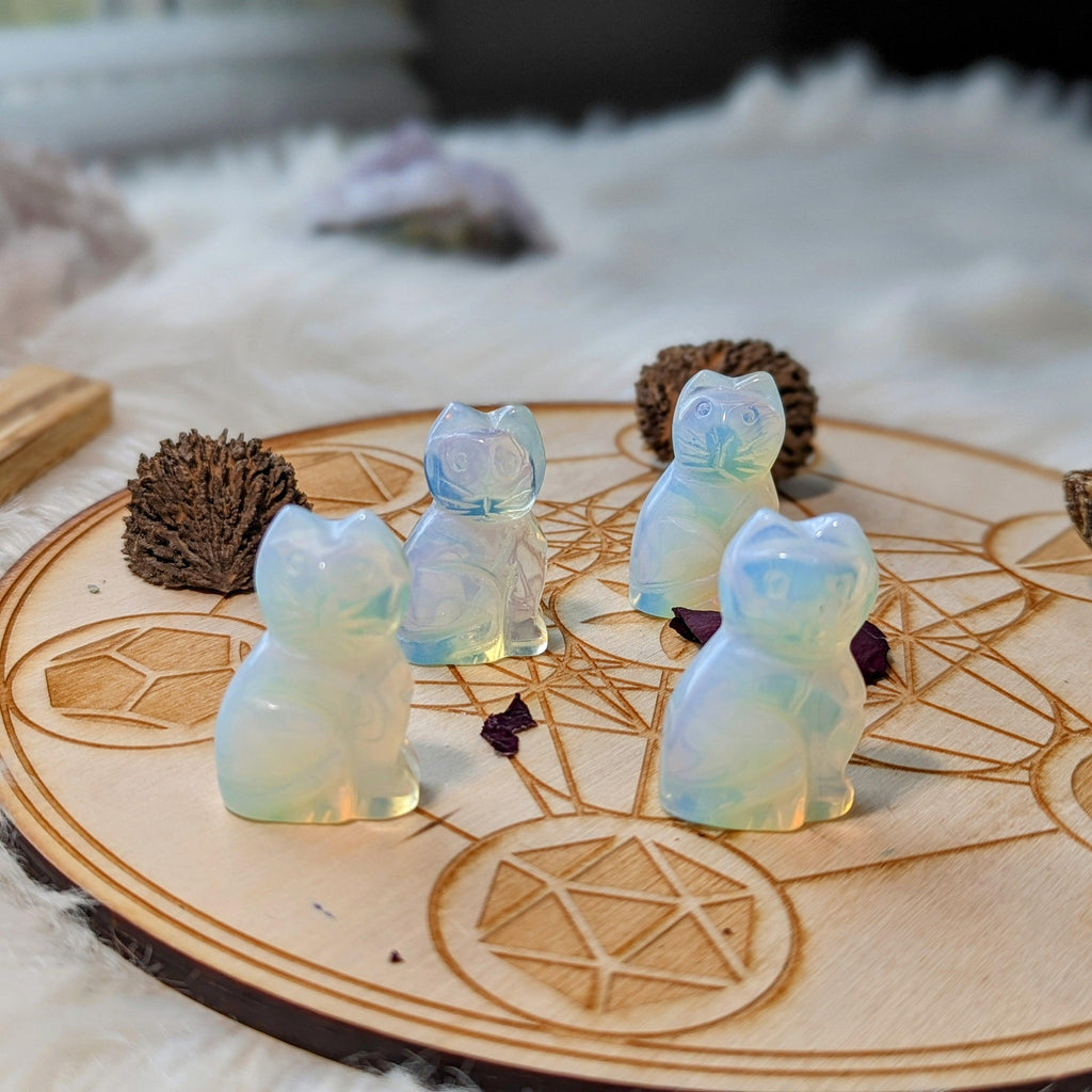 Opalite and Rose Quartz Glass Cat Carvings - Earth Family Crystals