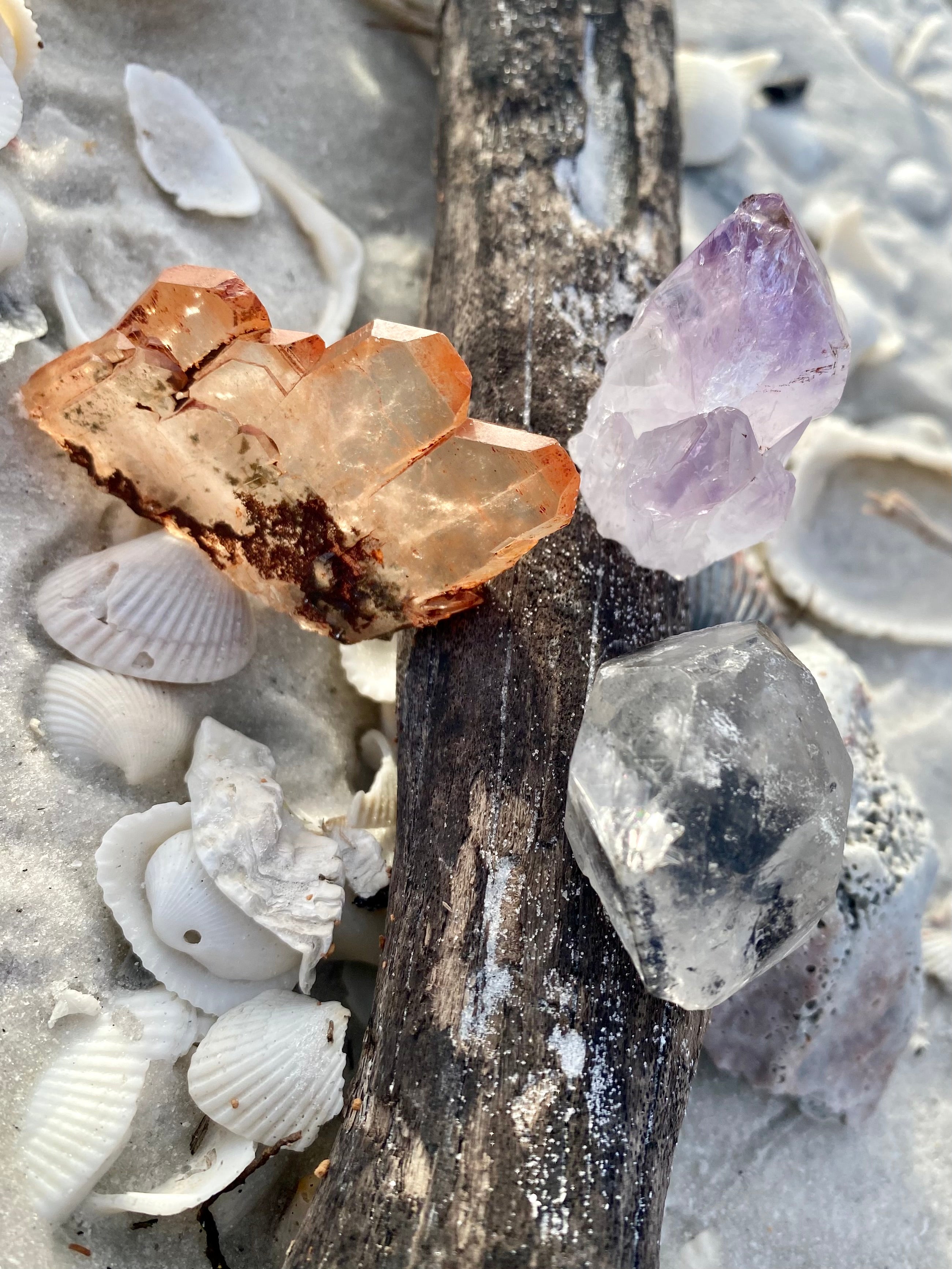 Red Hematoid Quartz Point, Tibetan Quartz Crystal and Amethyst Point Gemstone Set of Three