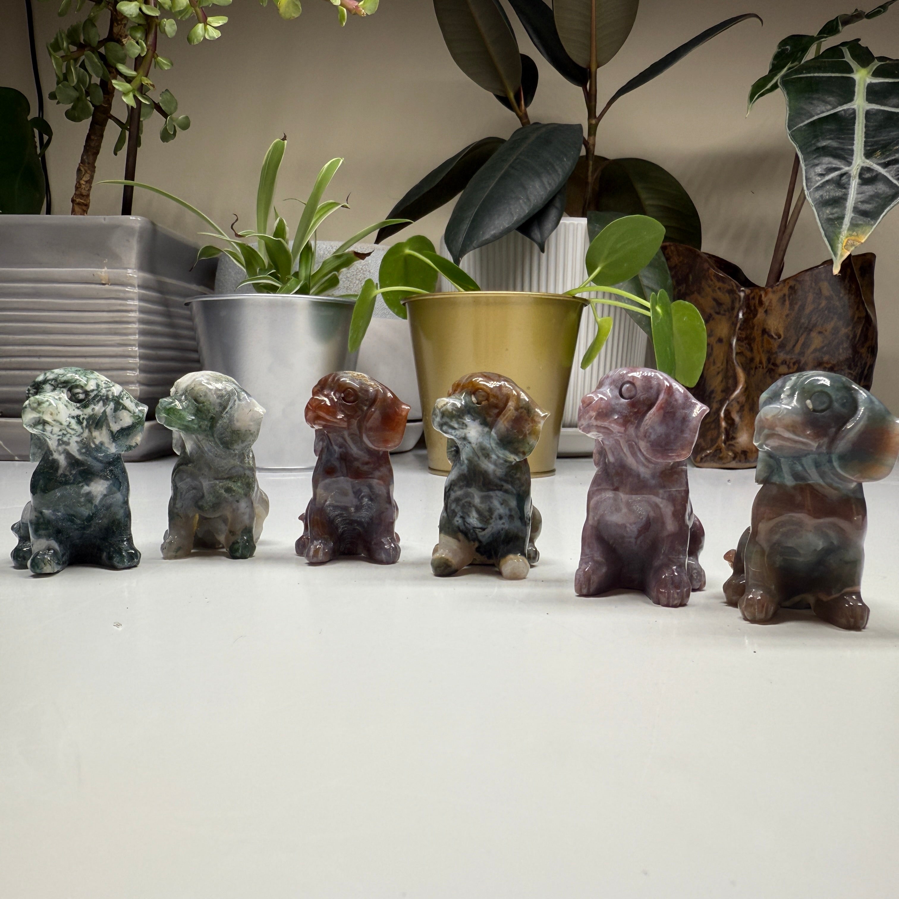 Cute Moss Agate Puppy Crystal Carvings