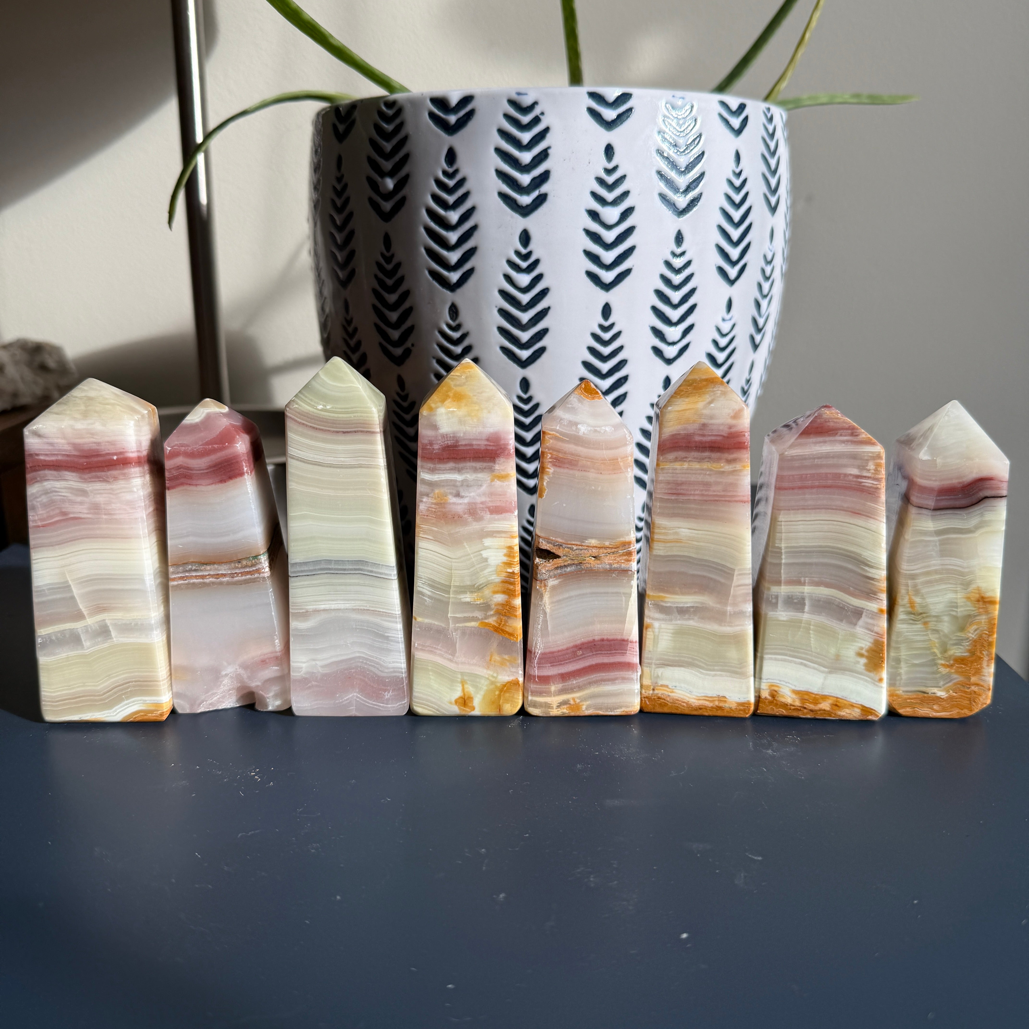 Pink Banded Agate Standing Display Tower Carving