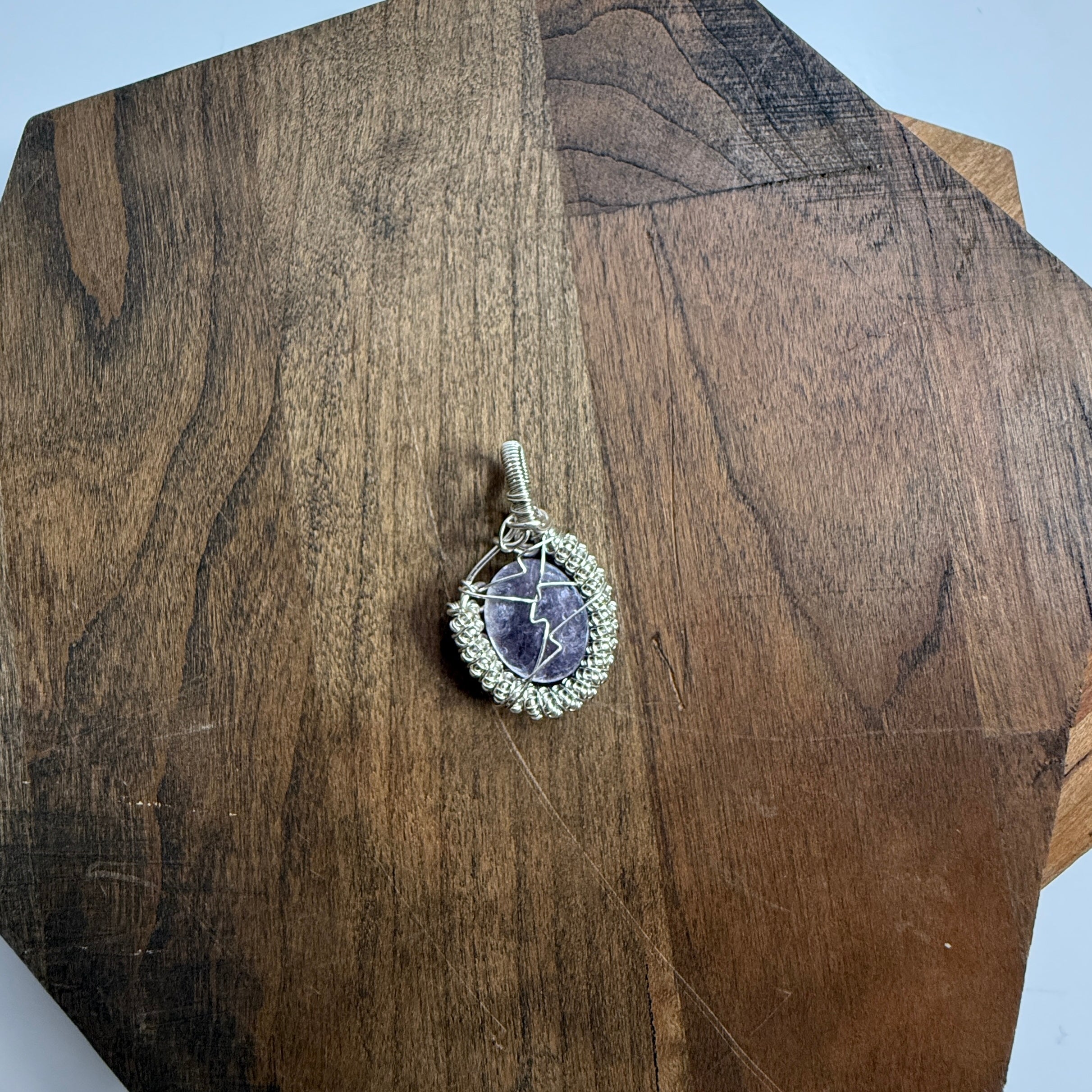 Lilac Lepidolite Mica Polished Gemstone Wire Wrapped Pendant and Silver Chain