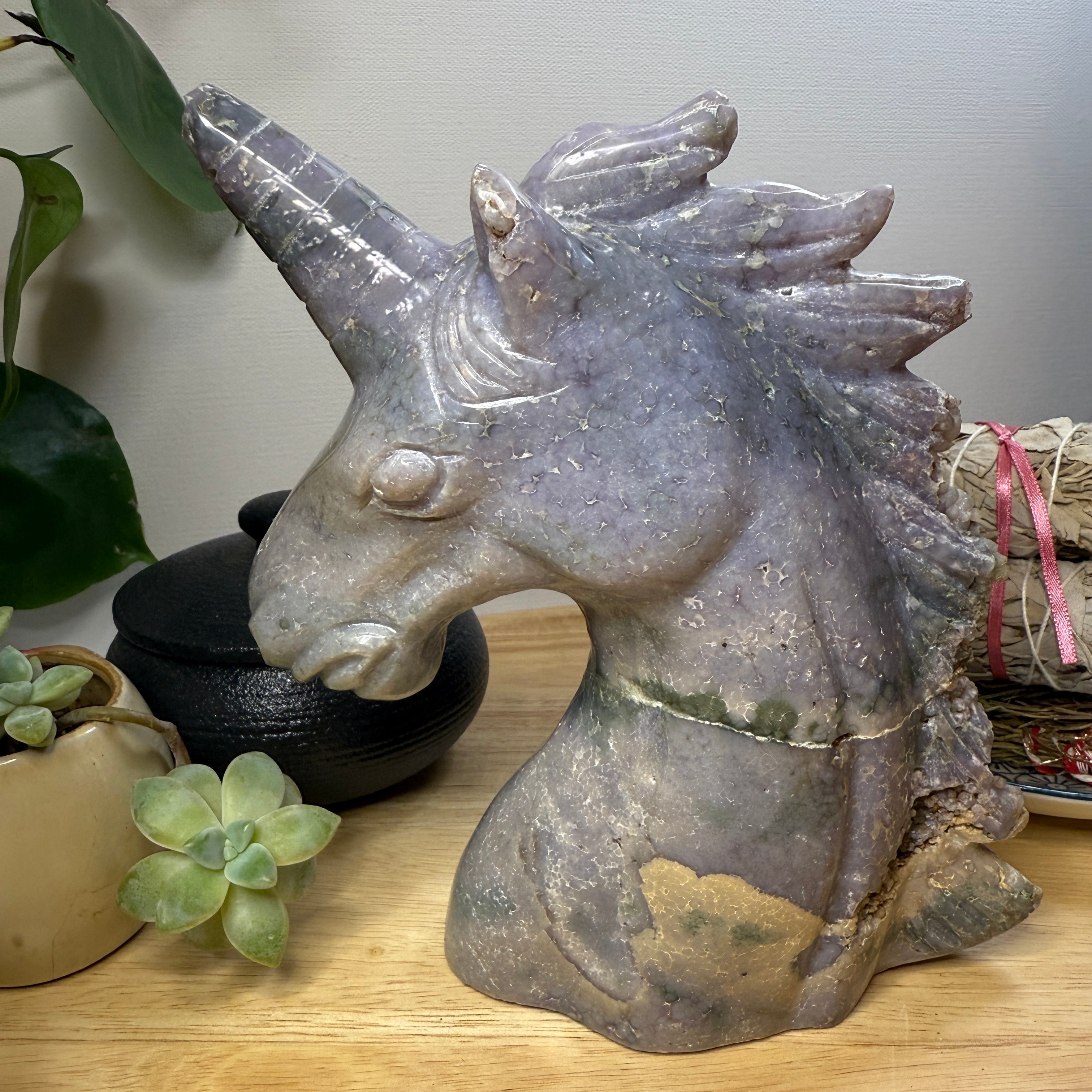 Magical Jumbo Grape Agate Crystal Unicorn Carving Display Specimen from Indonesia