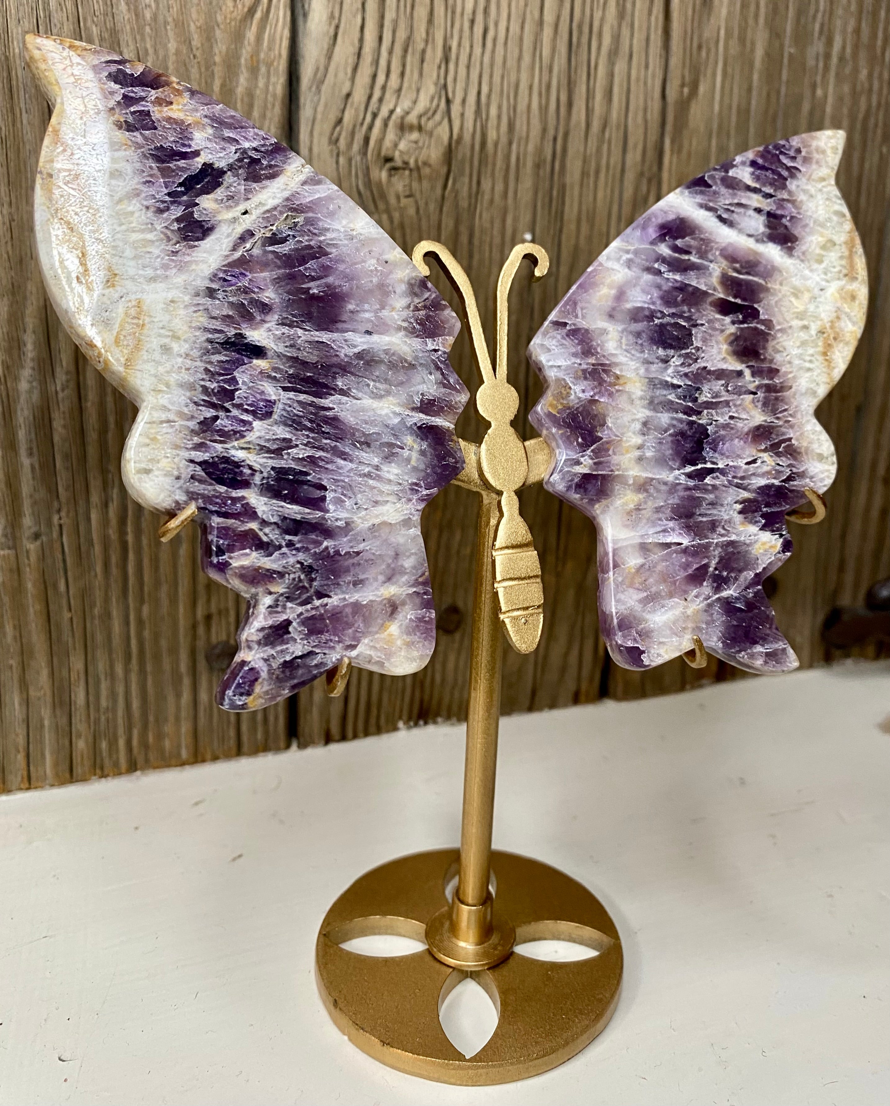 Chevron Amethyst Gemstone Butterfly Wings with Stand