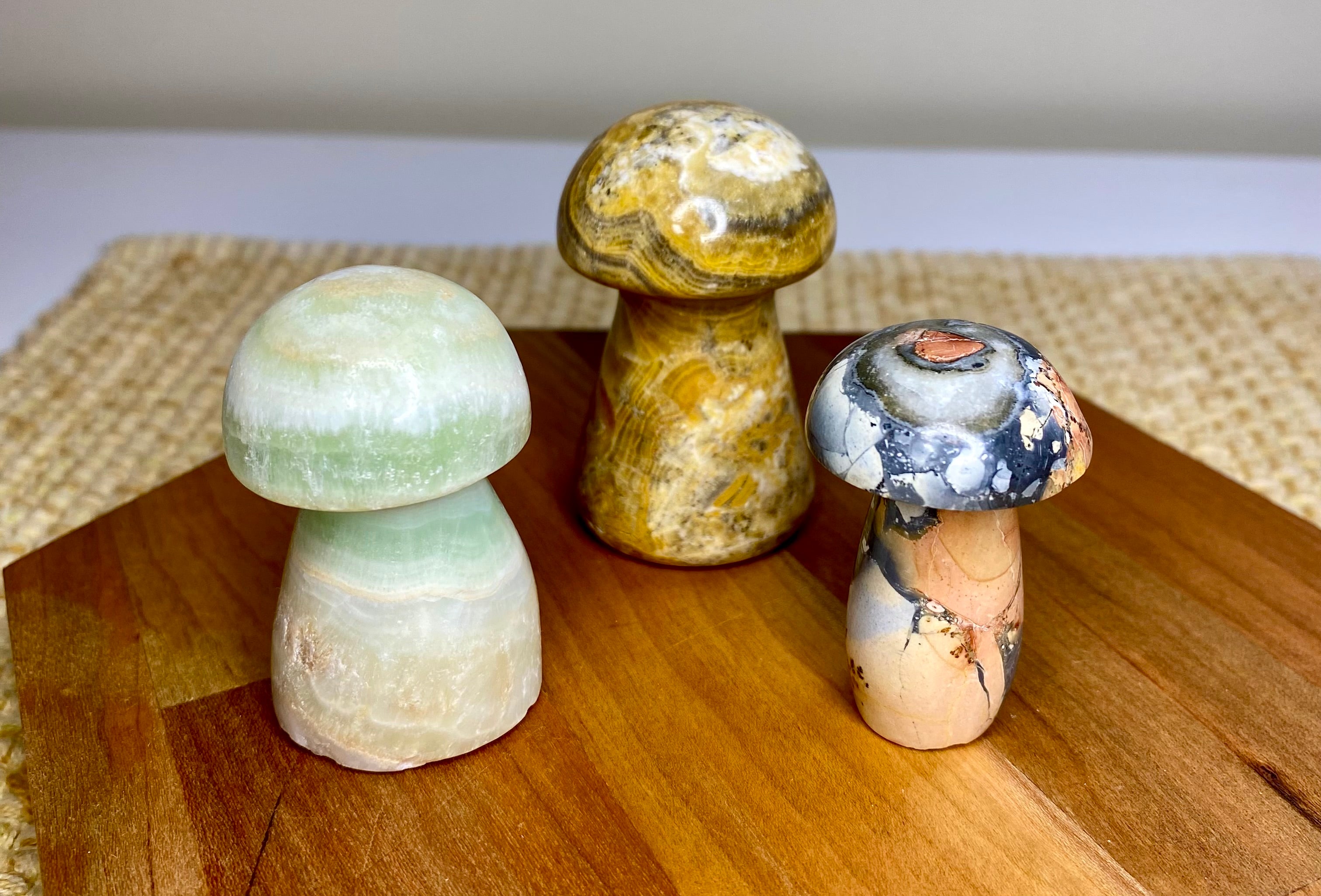 Crystal Mushroom Carving Set of Three- Brown Calcite, Caribbean Calcite and Howlite Jasper