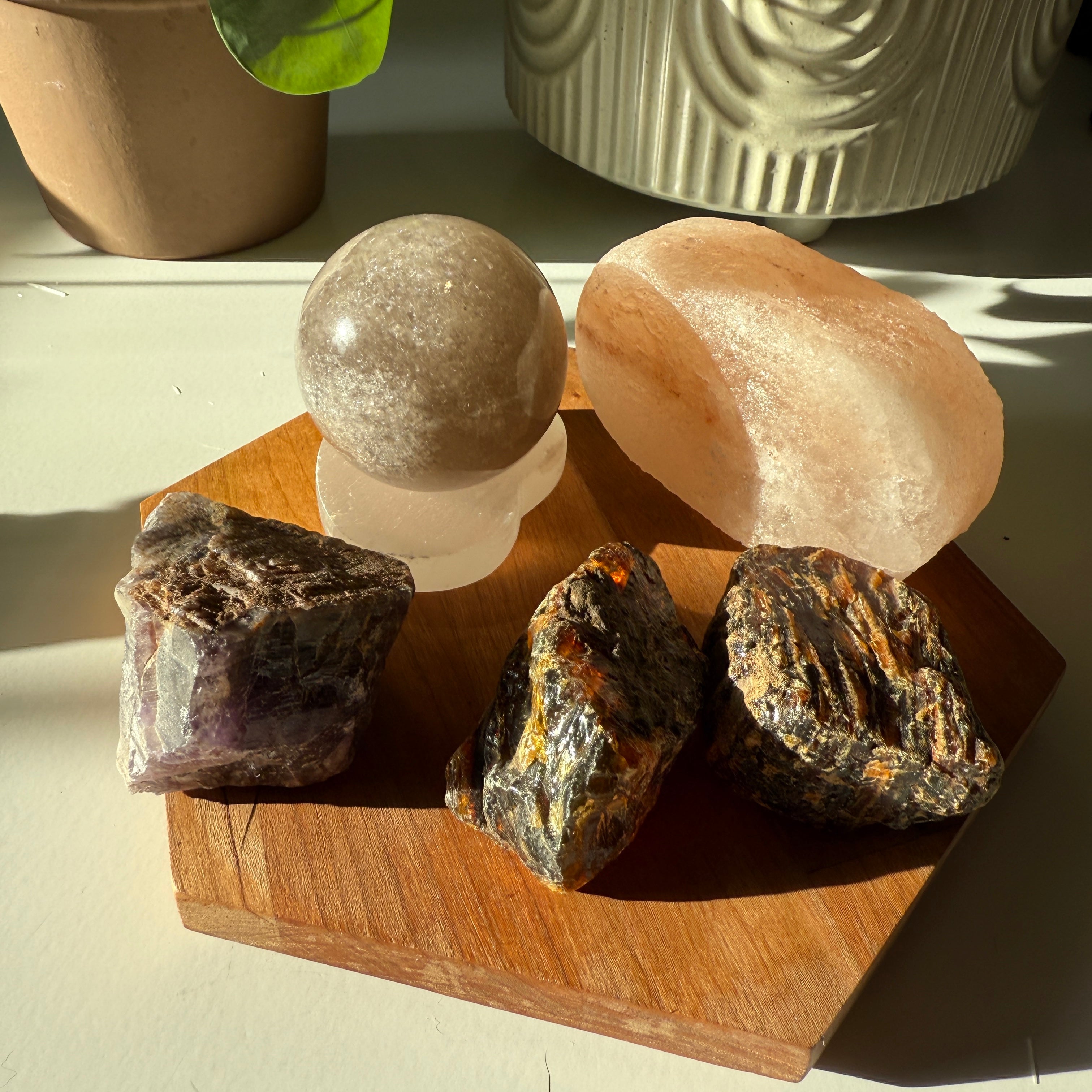 Healing Set Auralite, Smoky Quartz Sphere, Selenite, Sumatran Amber and Himalayan Salt Crystal