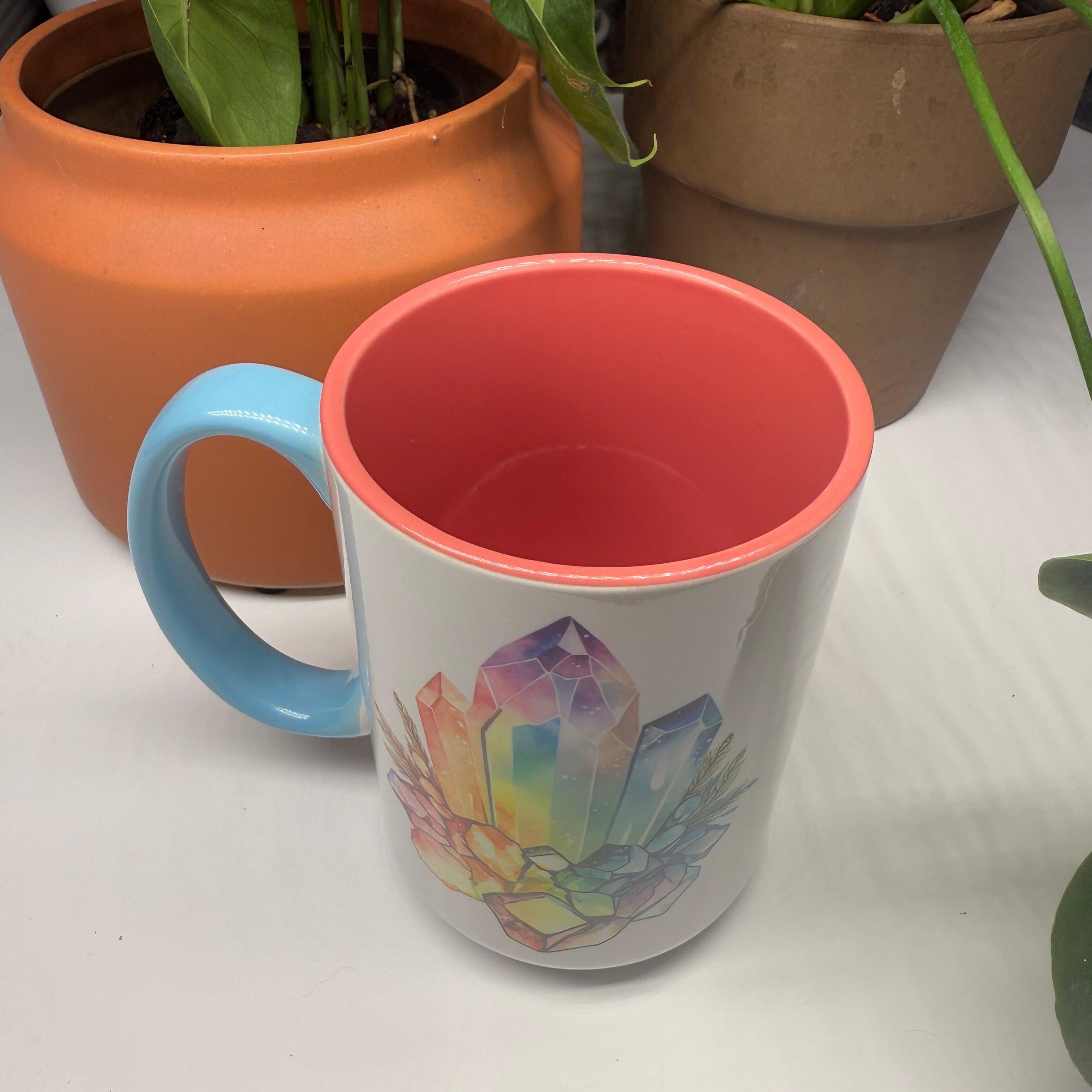 Crystal Guru Coffee and Tea Mugs with Pink and Blue Handle