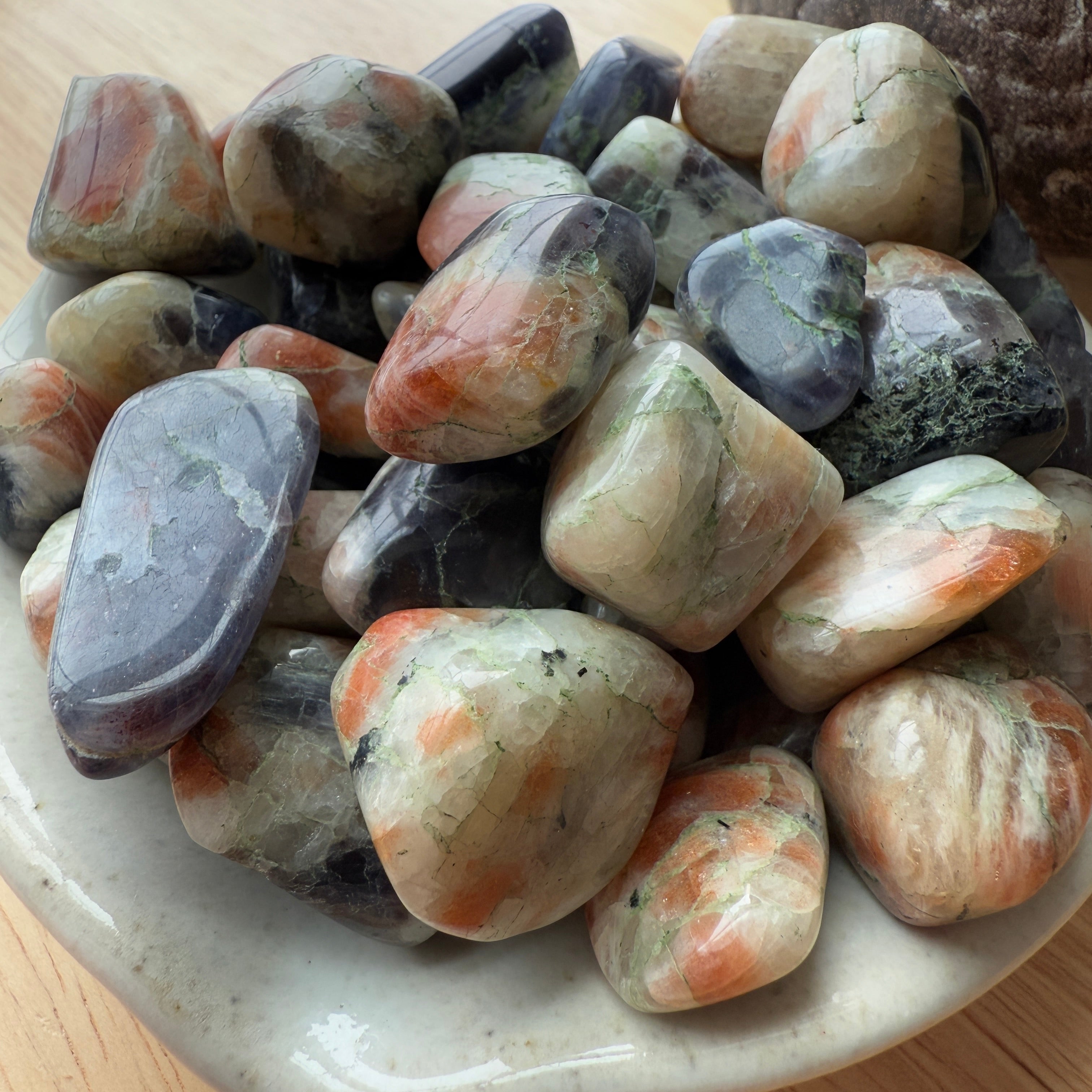 Iolite & Sunstone Tumbled Stones from India Set of Five