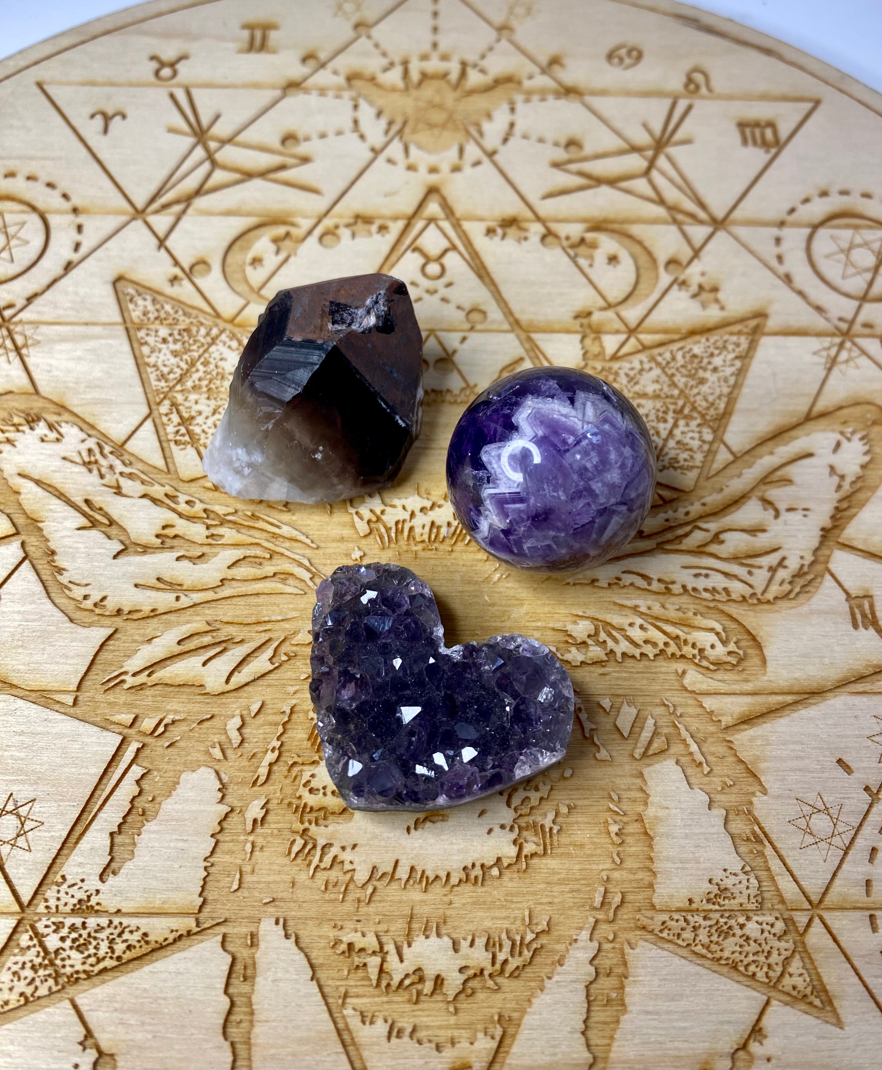 Amethyst Crystal Set with Selenite Charging Bowl ~ Sphere Carving, Druze Heart, Raw Point