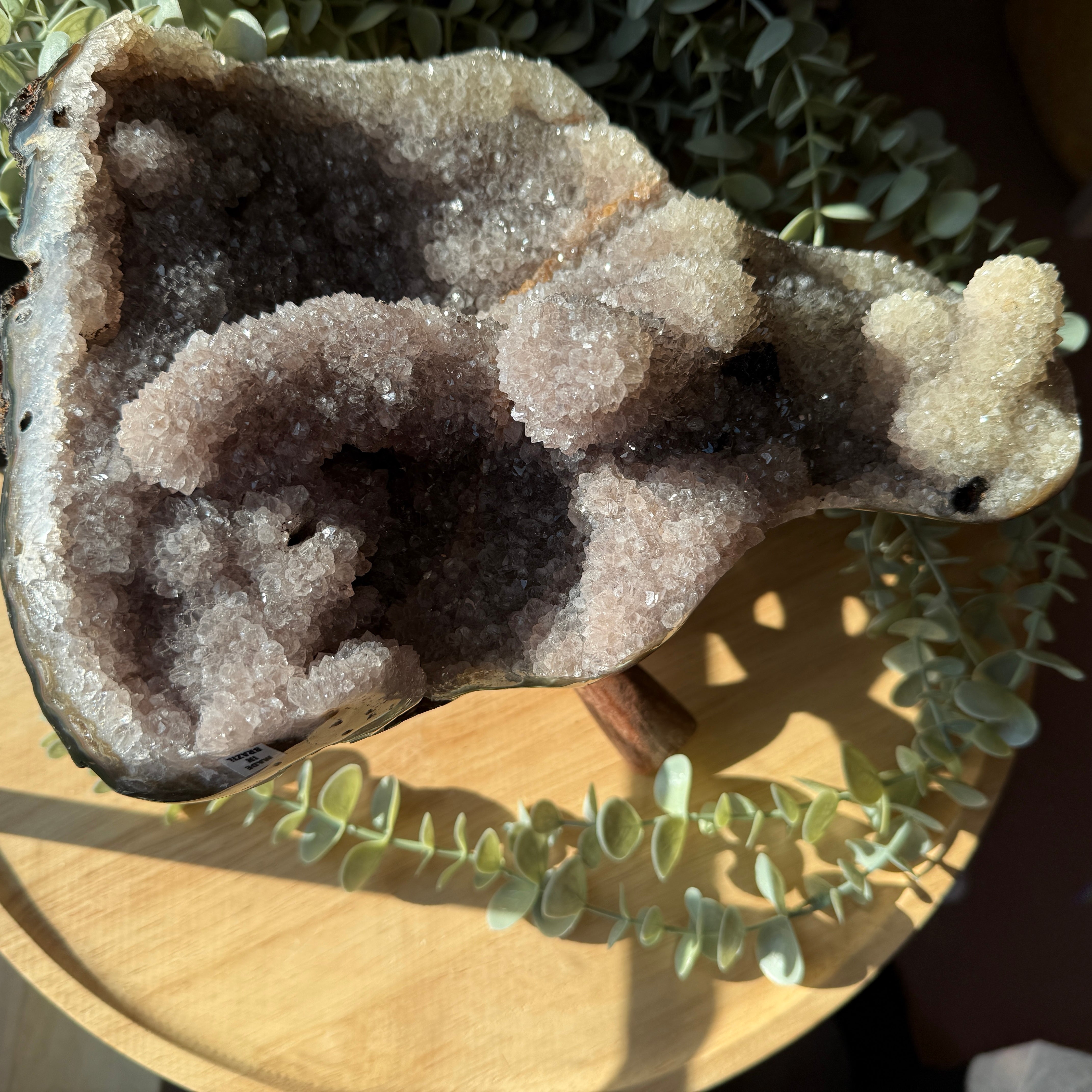 Partially Polished Agate Druzy Crystal from Brazil Display Specimen with Unique Formations - Wooden Stand Included