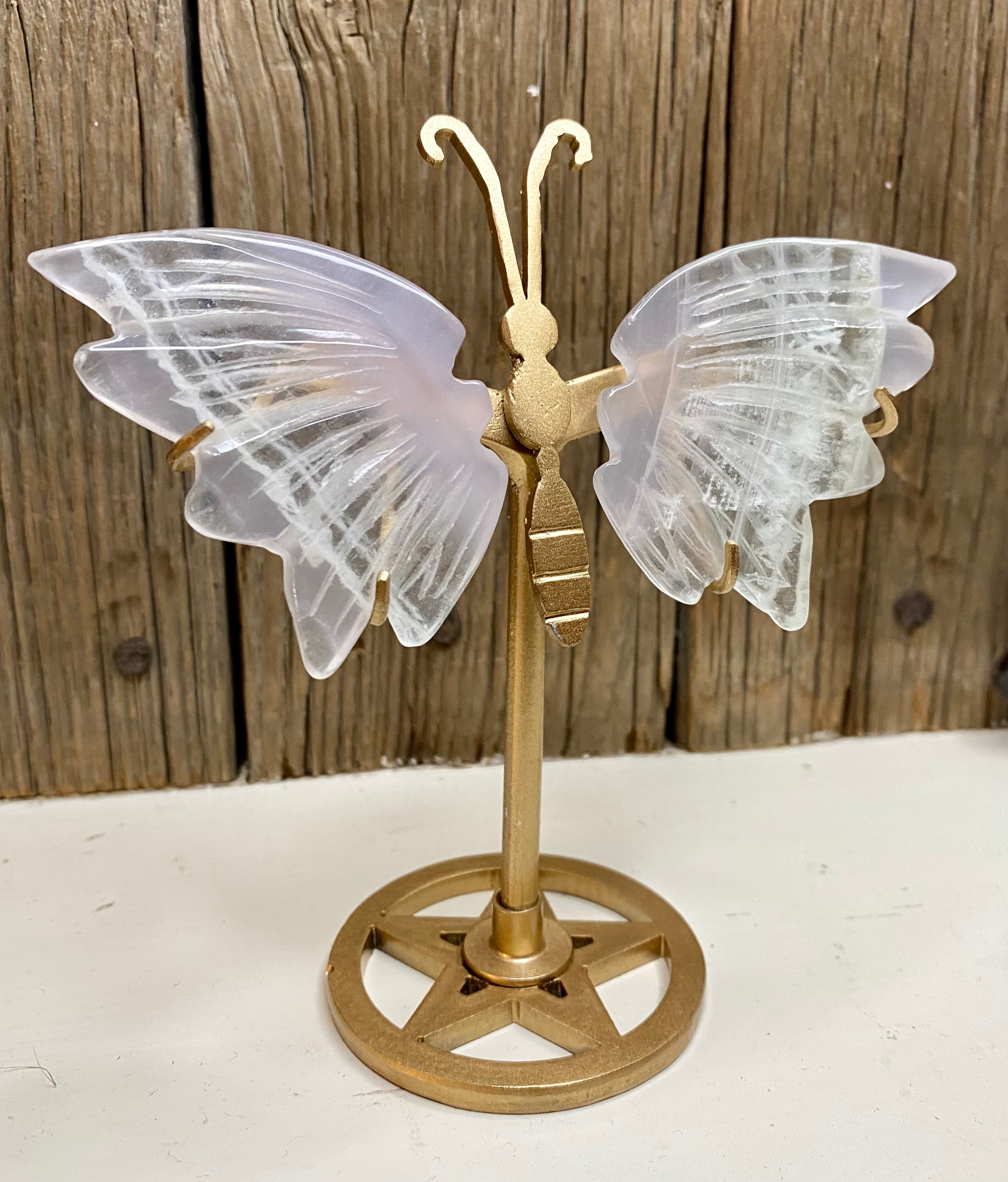 Snowflake Fluorite Crystal Butterfly Wings with Stand