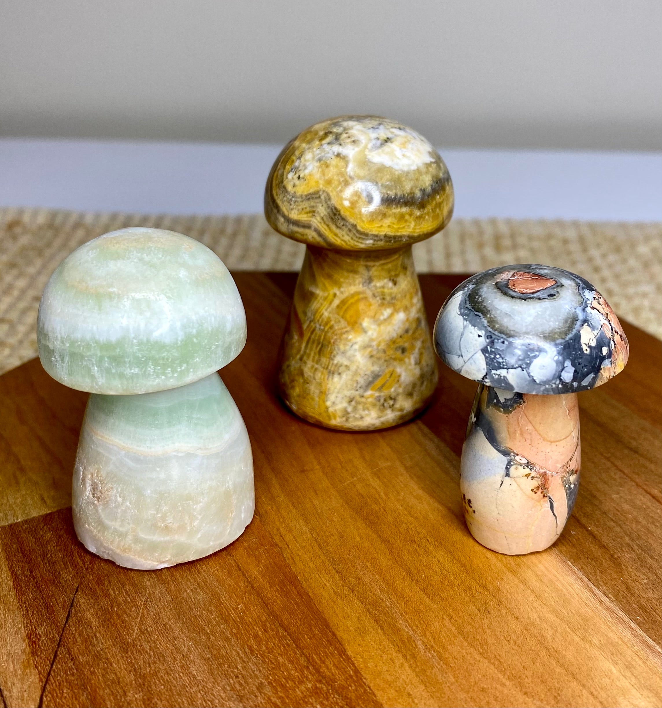 Crystal Mushroom Carving Set of Three- Brown Calcite, Caribbean Calcite and Howlite Jasper