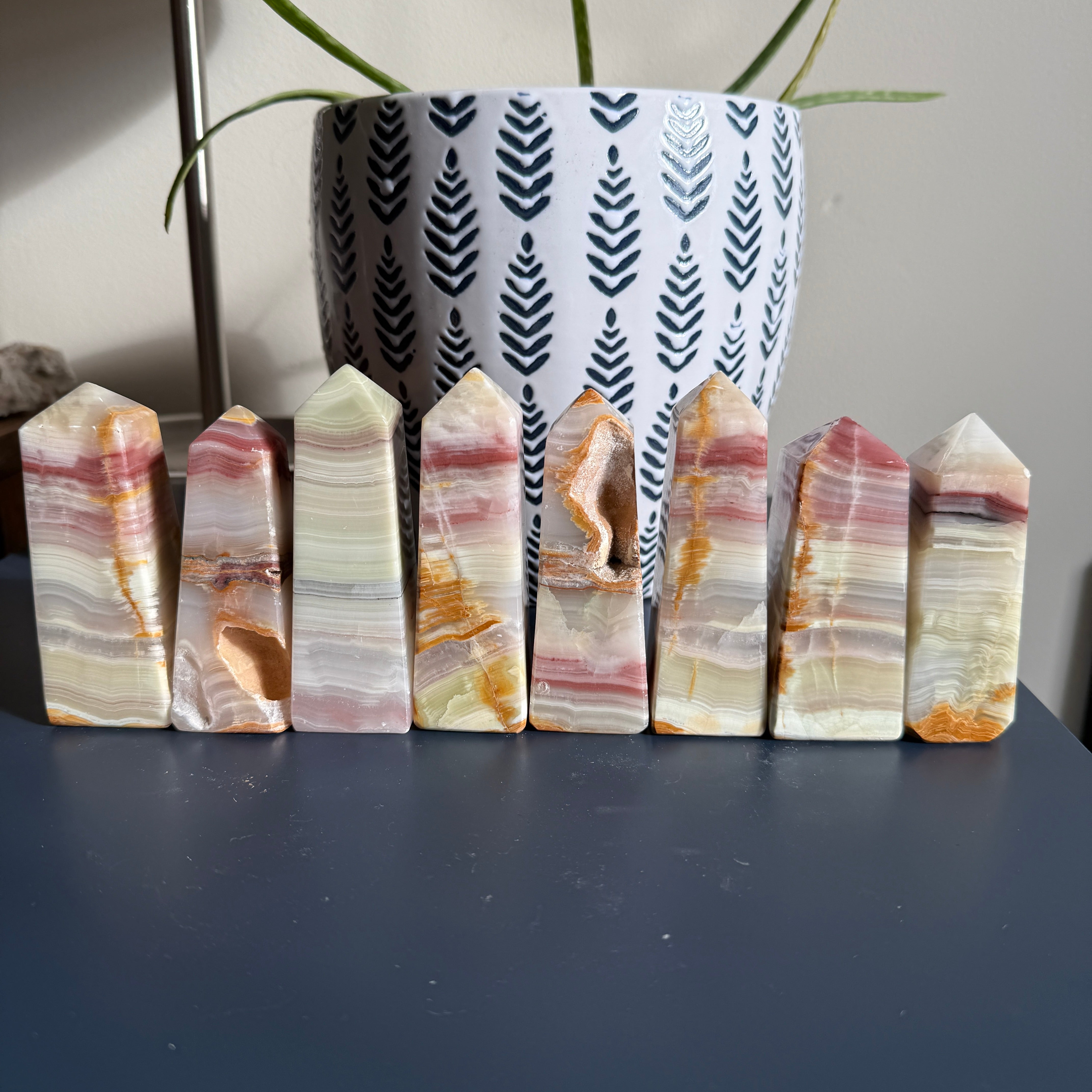 Pink Banded Agate Standing Display Tower Carving