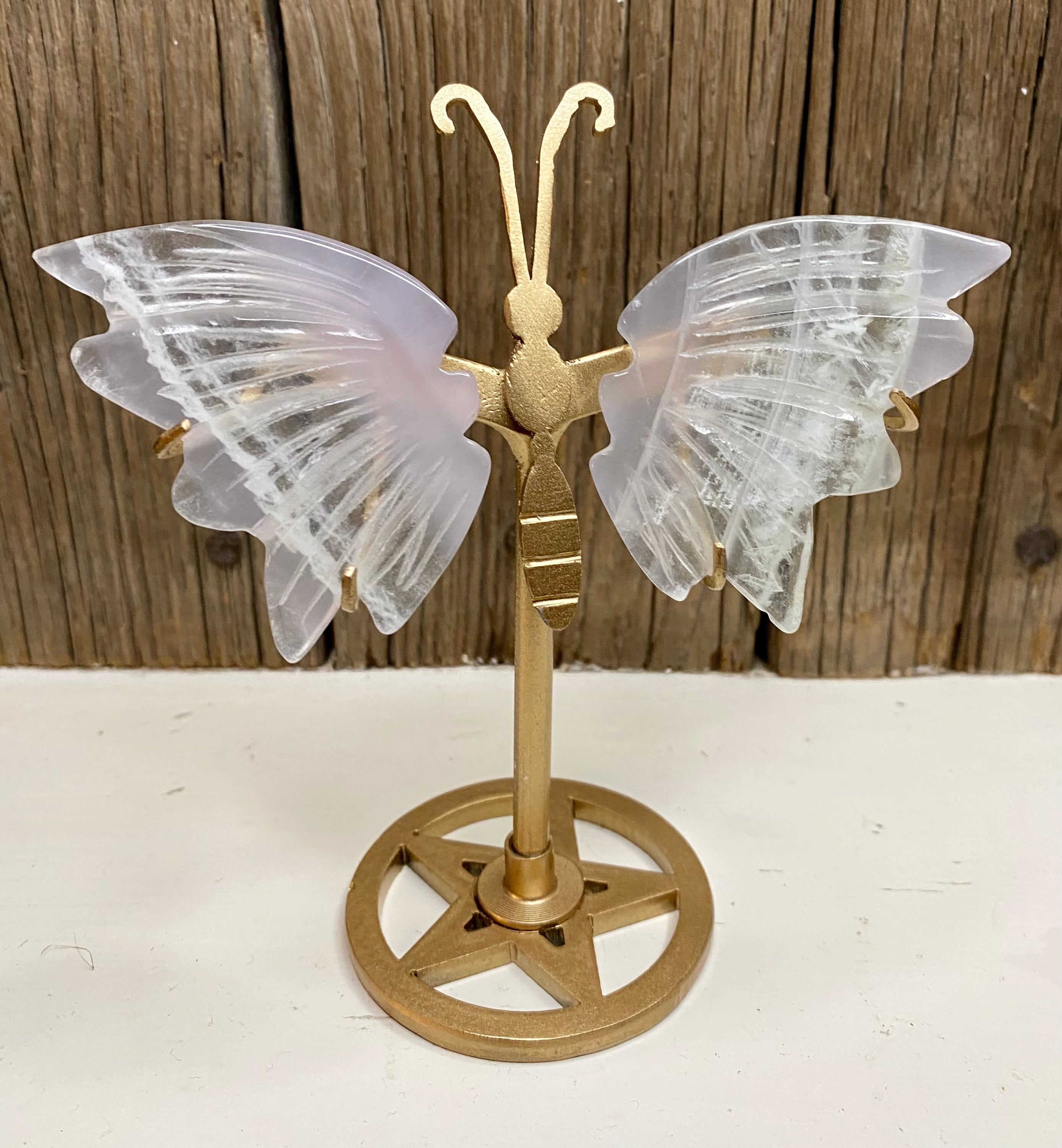 Snowflake Fluorite Crystal Butterfly Wings with Stand